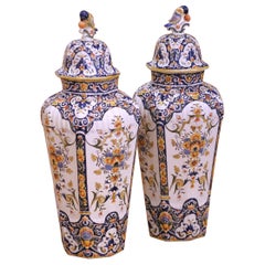 Pair of 19th Century French Hand Painted Desvres Faience Vases with Lids