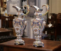 Pair of 19th Century French Hand Painted Faience Ewers Jars from Rouen
