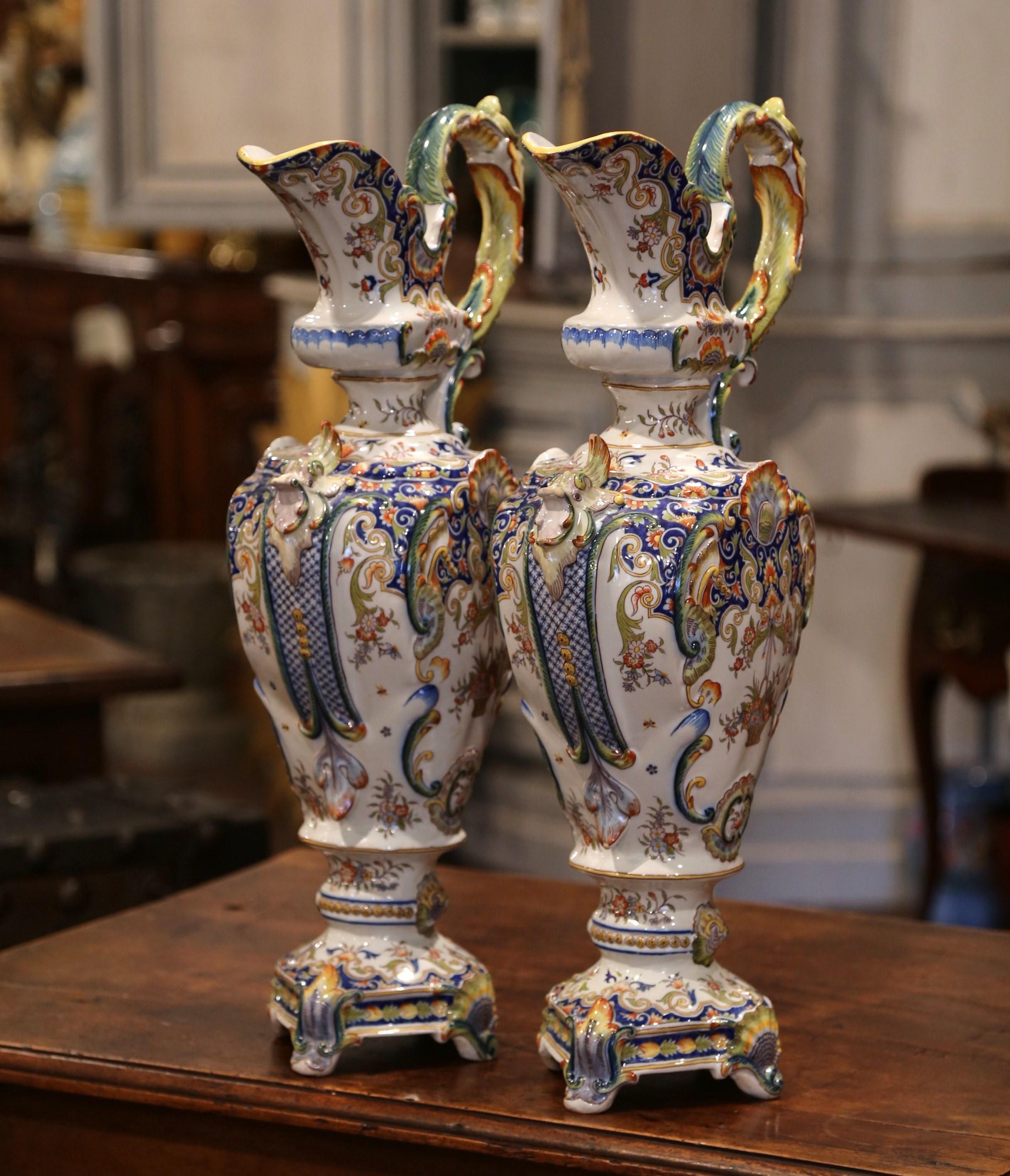 Hand-Crafted Pair of 19th Century French Hand Painted Faience Ewers Jars from Rouen