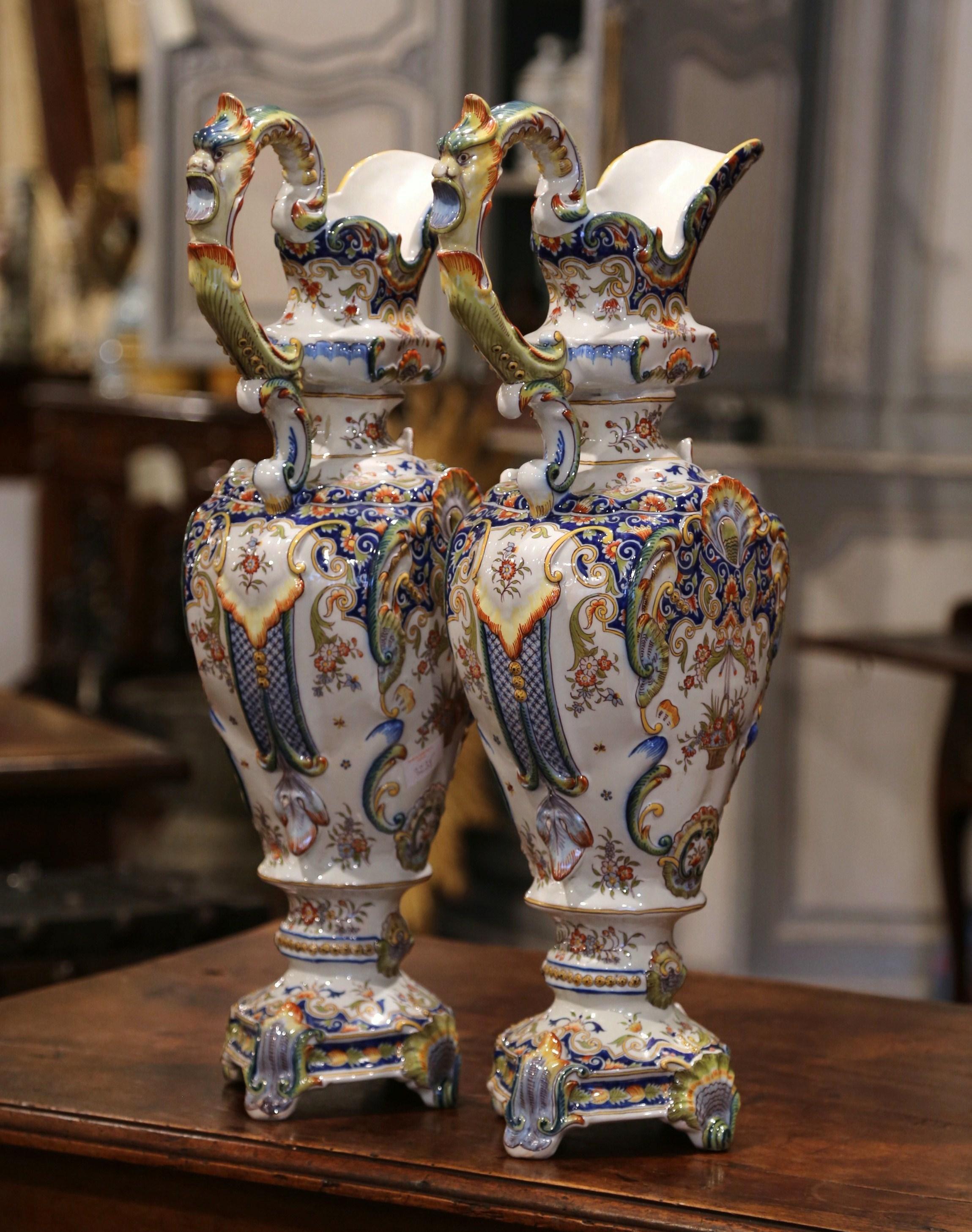 Pair of 19th Century French Hand Painted Faience Ewers Jars from Rouen In Excellent Condition In Dallas, TX