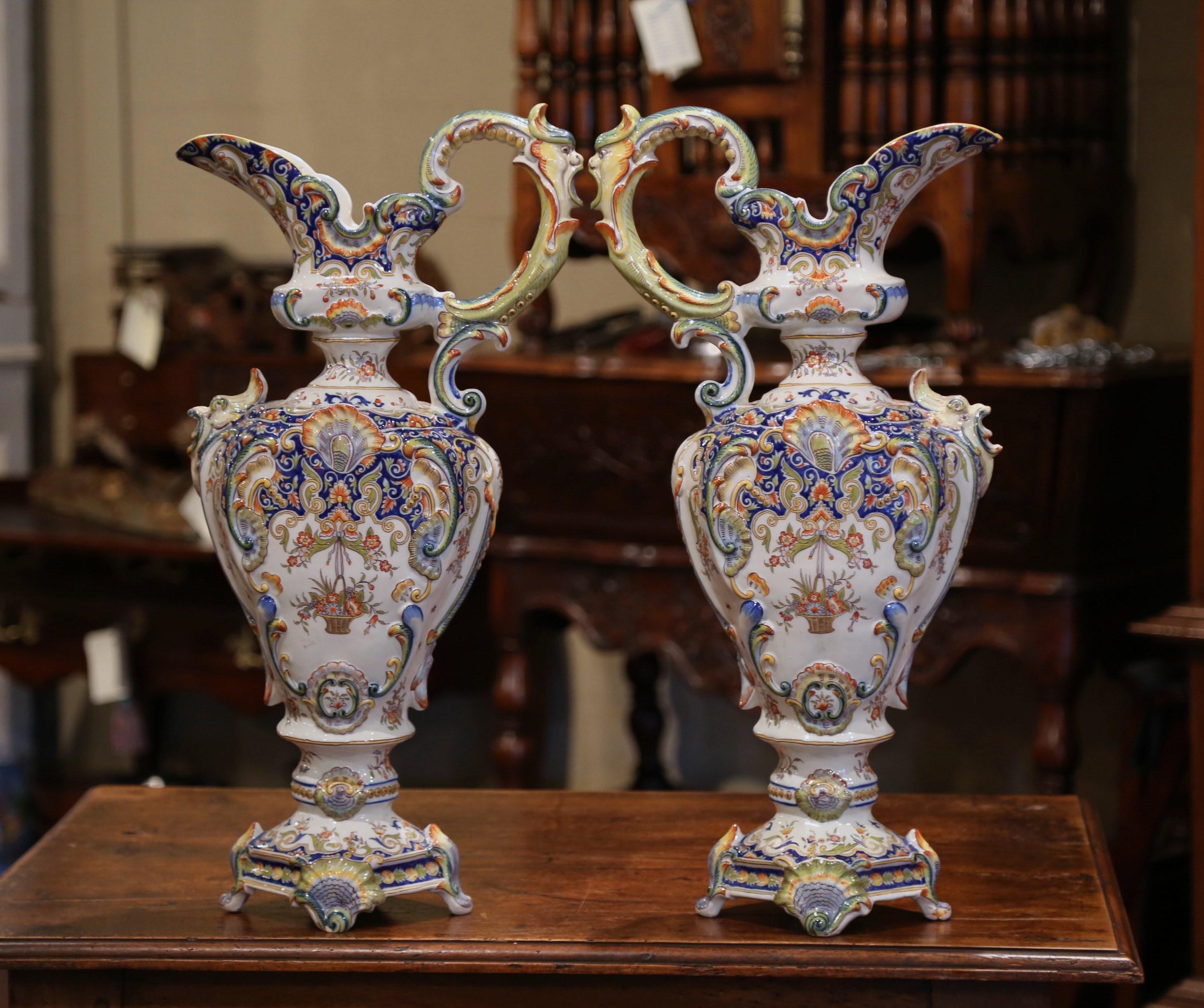 Ceramic Pair of 19th Century French Hand Painted Faience Ewers Jars from Rouen