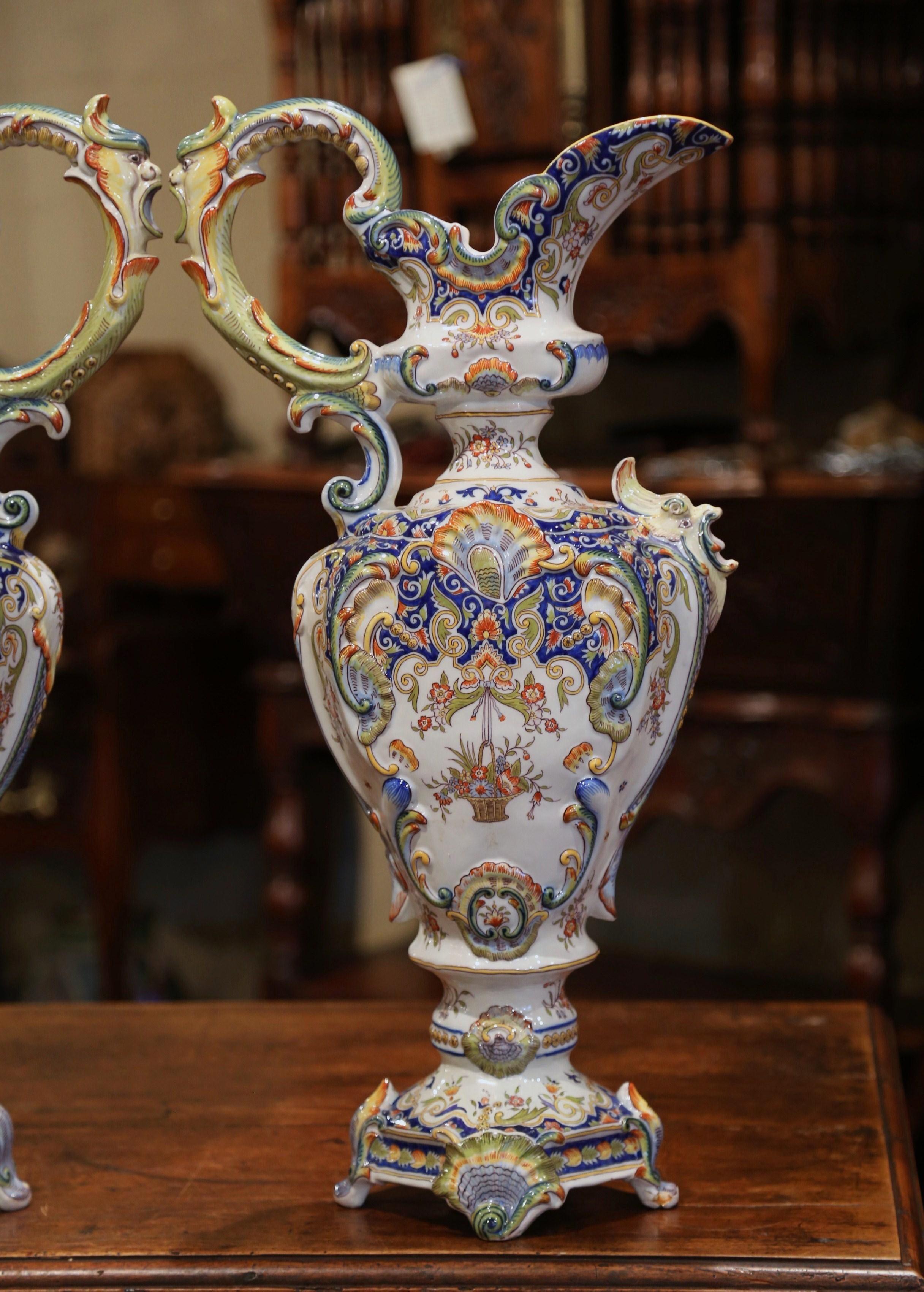 Pair of 19th Century French Hand Painted Faience Ewers Jars from Rouen 2
