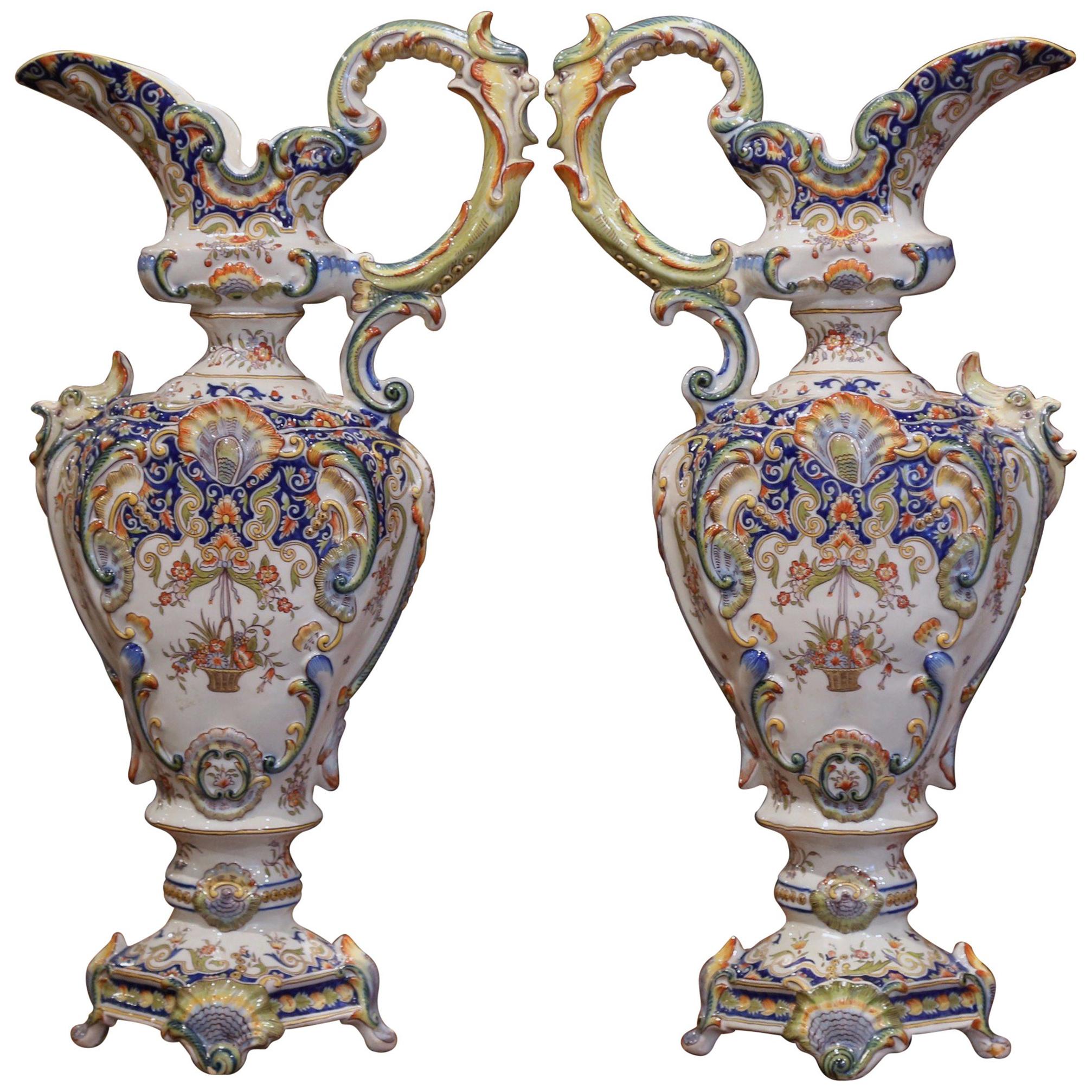 Pair of 19th Century French Hand Painted Faience Ewers Jars from Rouen