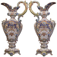 Pair of 19th Century French Hand Painted Faience Ewers Jars from Rouen