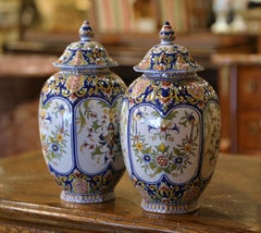Pair of 19th Century French Hand Painted Faience Ginger Jars Urns from Rouen