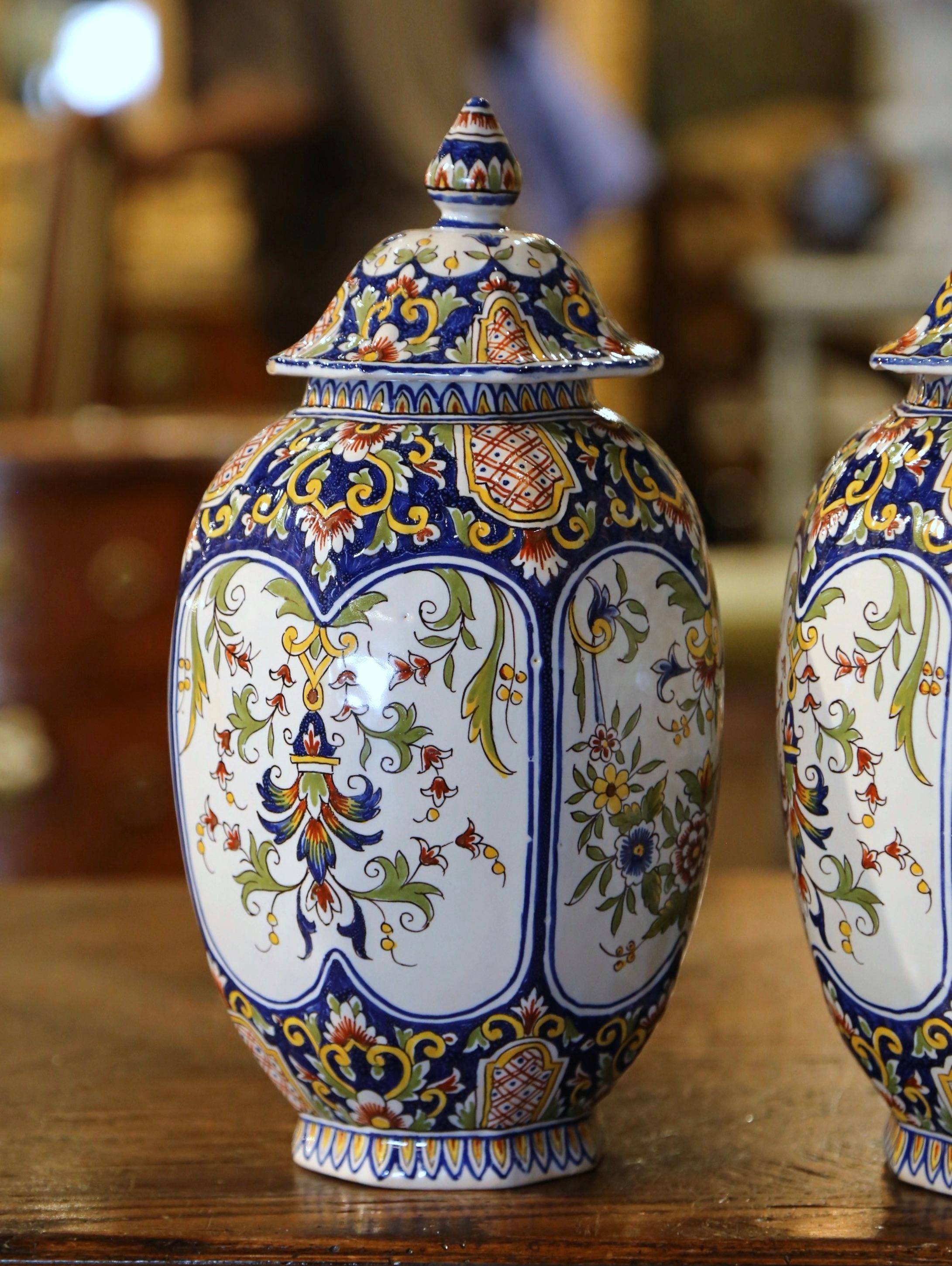 Hand-Crafted Pair of 19th Century French Hand Painted Faience Ginger Jars Urns from Rouen