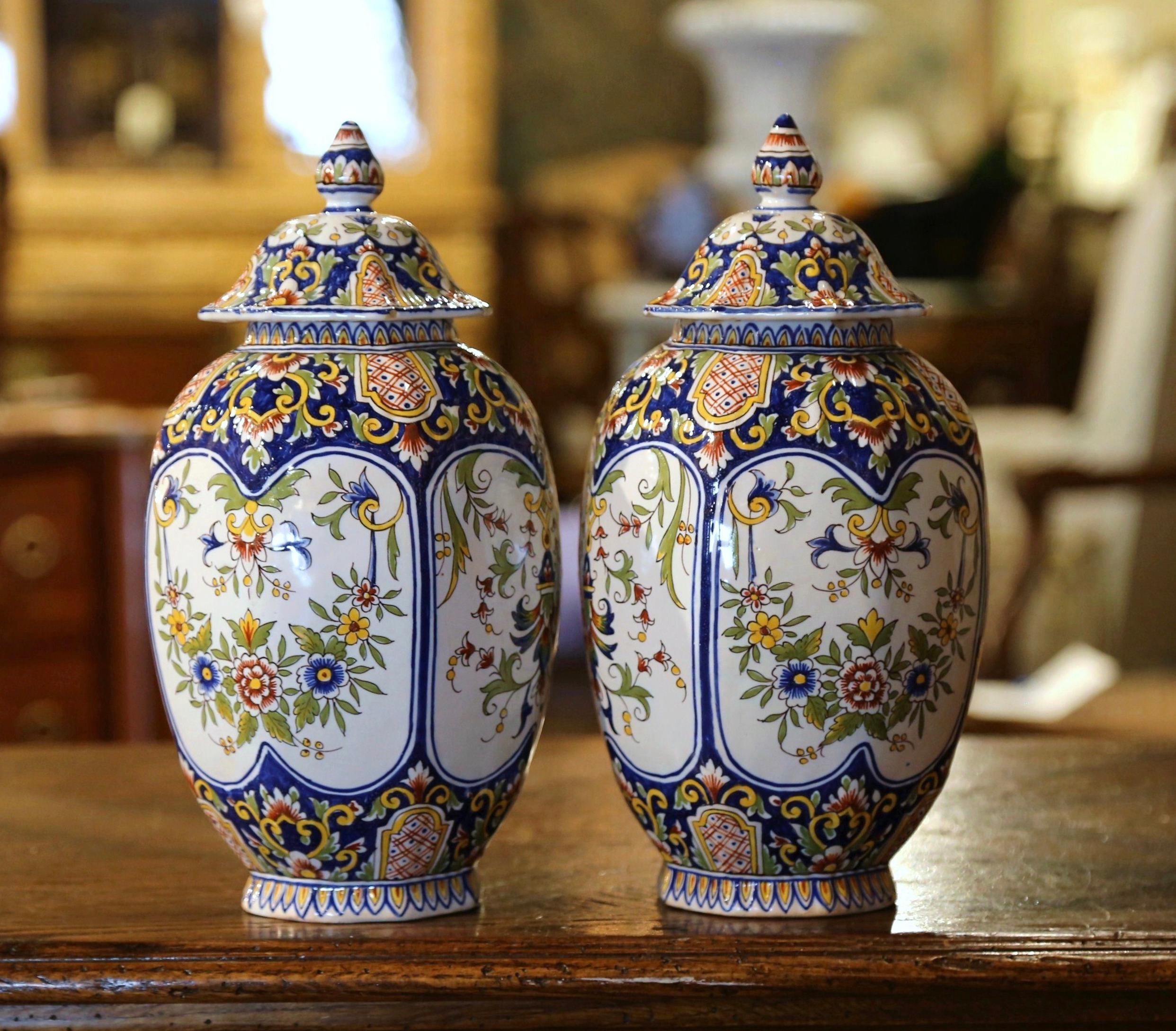 Ceramic Pair of 19th Century French Hand Painted Faience Ginger Jars Urns from Rouen