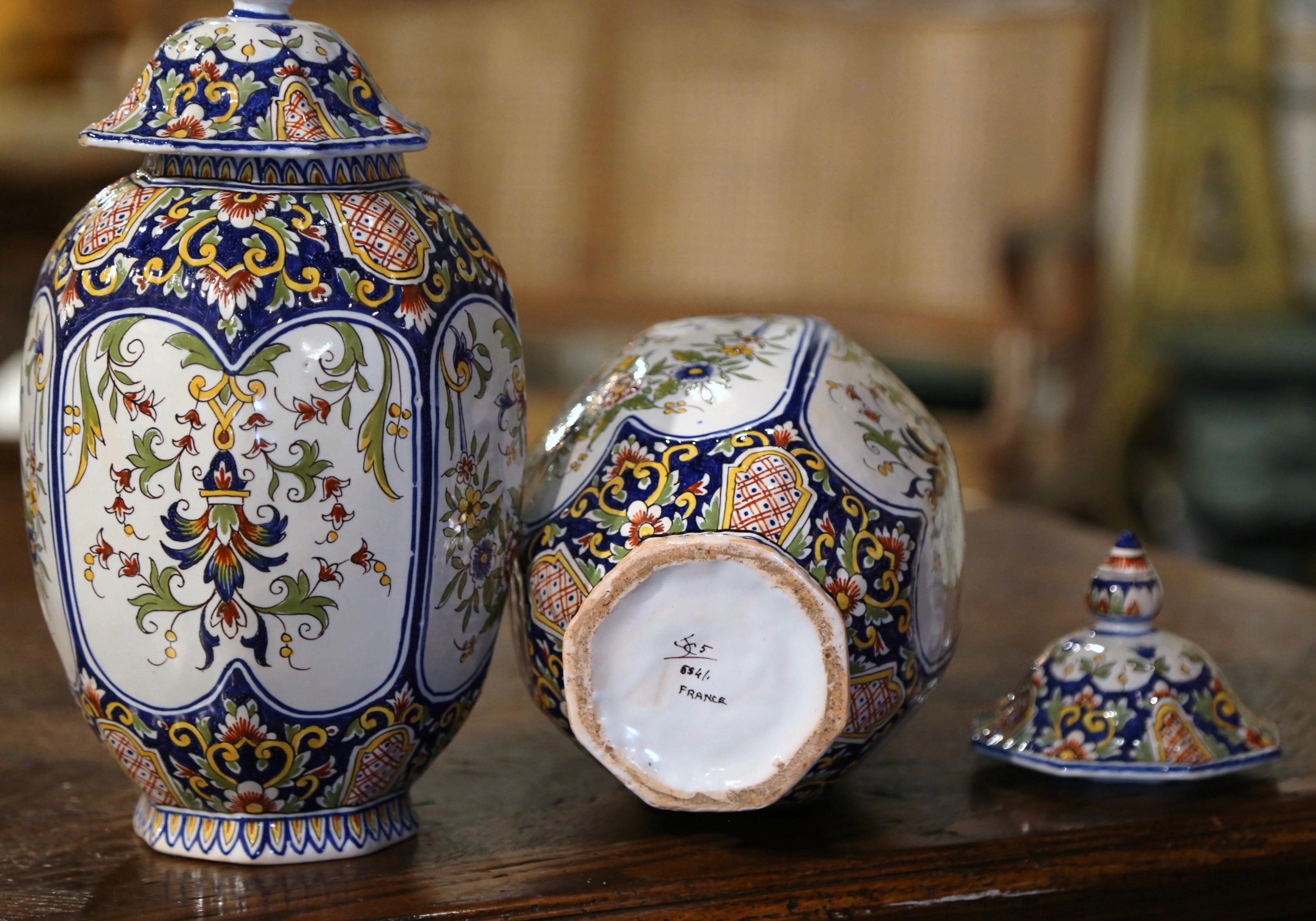 Pair of 19th Century French Hand Painted Faience Ginger Jars Urns from Rouen 1