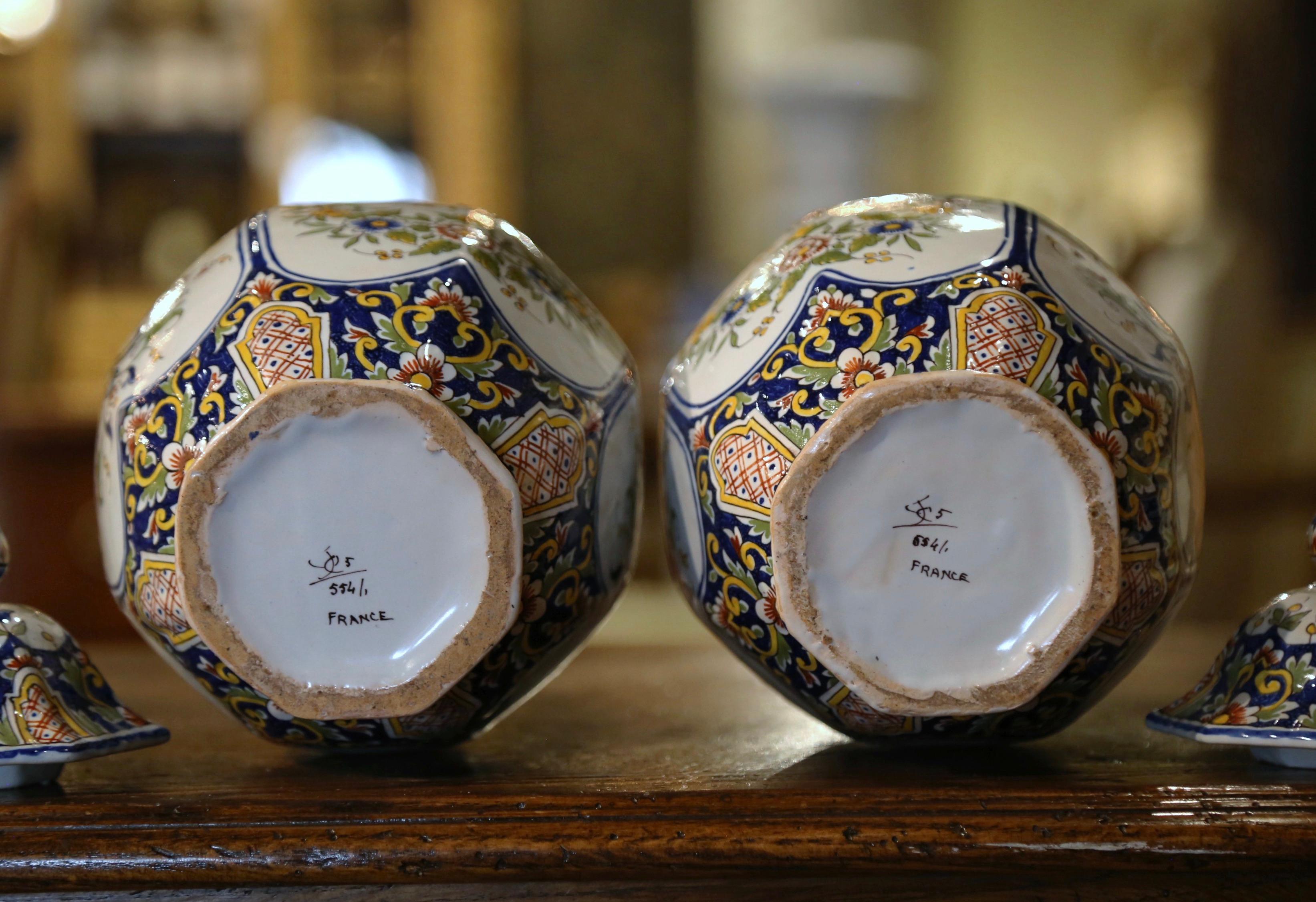 Pair of 19th Century French Hand Painted Faience Ginger Jars Urns from Rouen 2