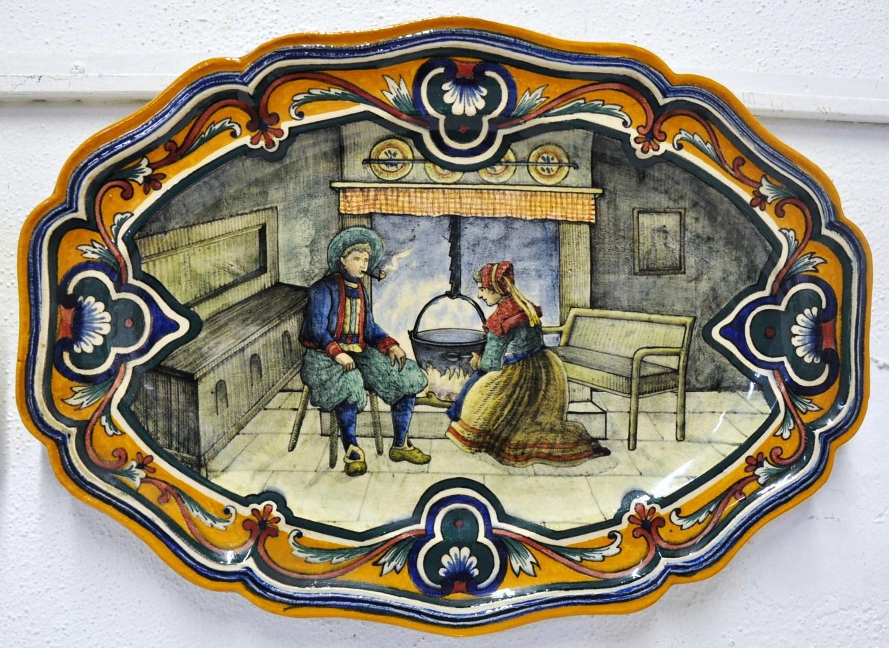 Hand-Painted Pair of 19th Century French Hand Painted Faience Oval Wall Platters from Nevers