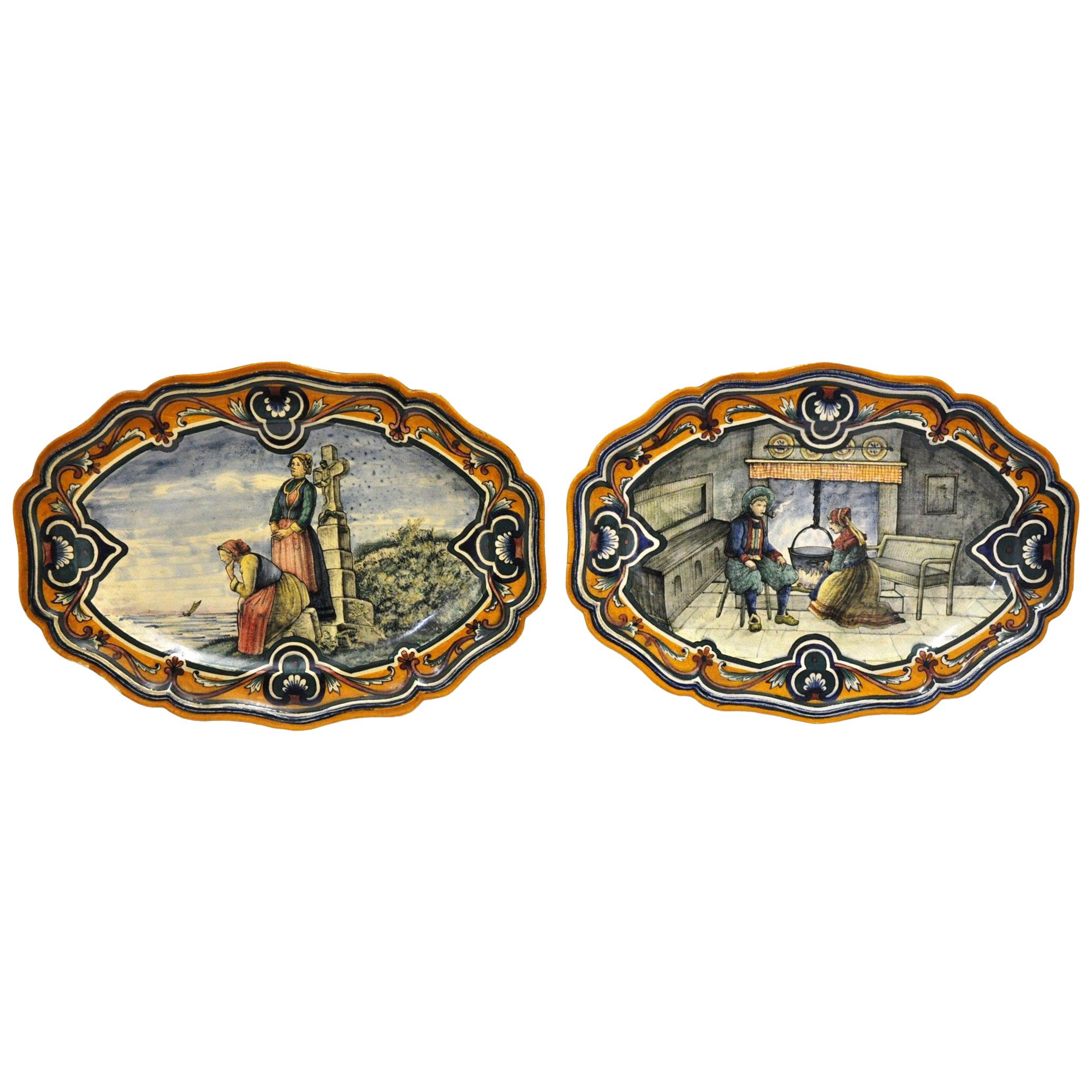 Pair of 19th Century French Hand Painted Faience Oval Wall Platters from Nevers