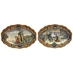 Pair of 19th Century French Hand Painted Faience Oval Wall Platters from Nevers