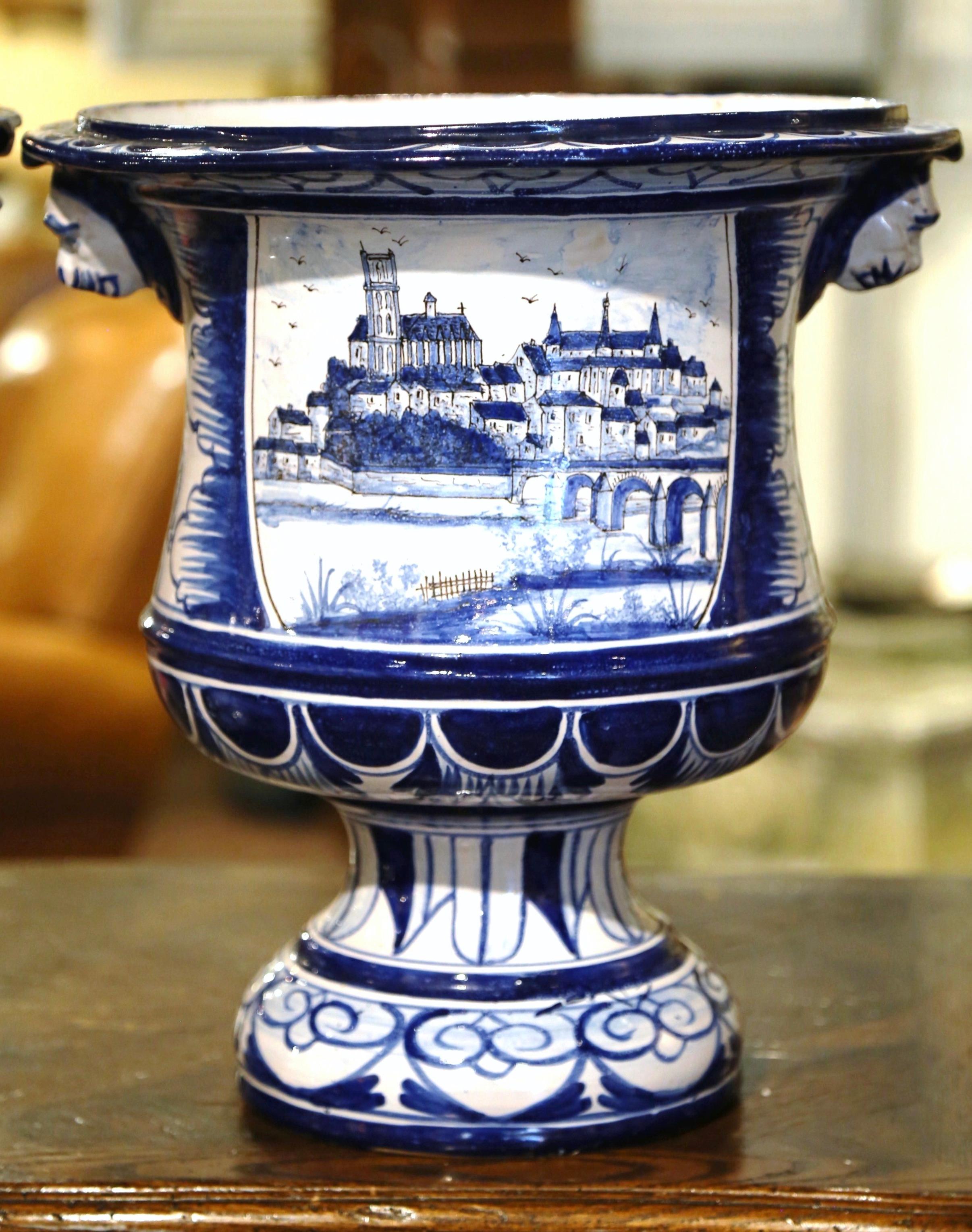 Hand-Crafted Pair of 19th Century French Hand-Painted Faience Planters from Nevers