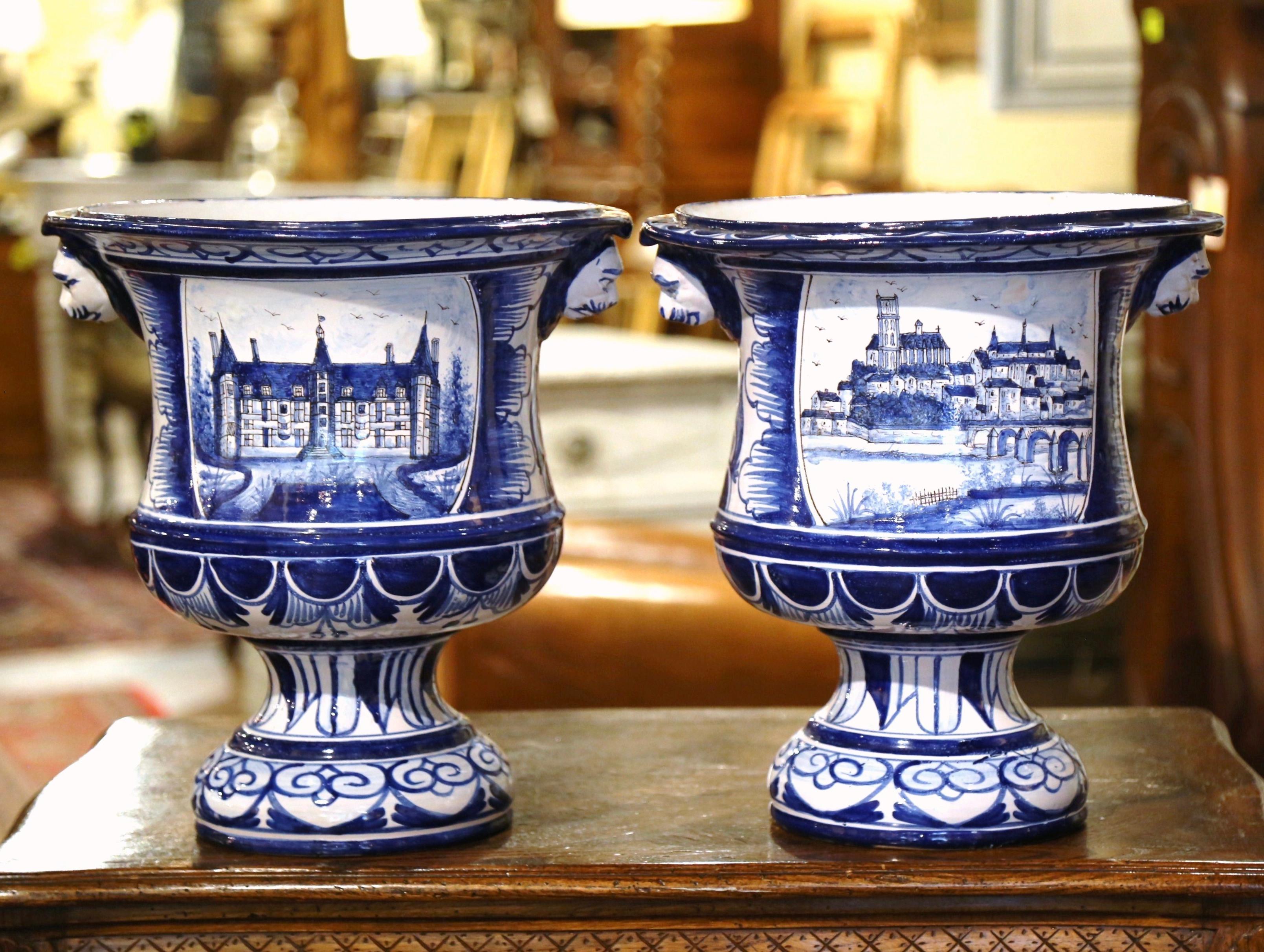 Pair of 19th Century French Hand-Painted Faience Planters from Nevers In Excellent Condition In Dallas, TX