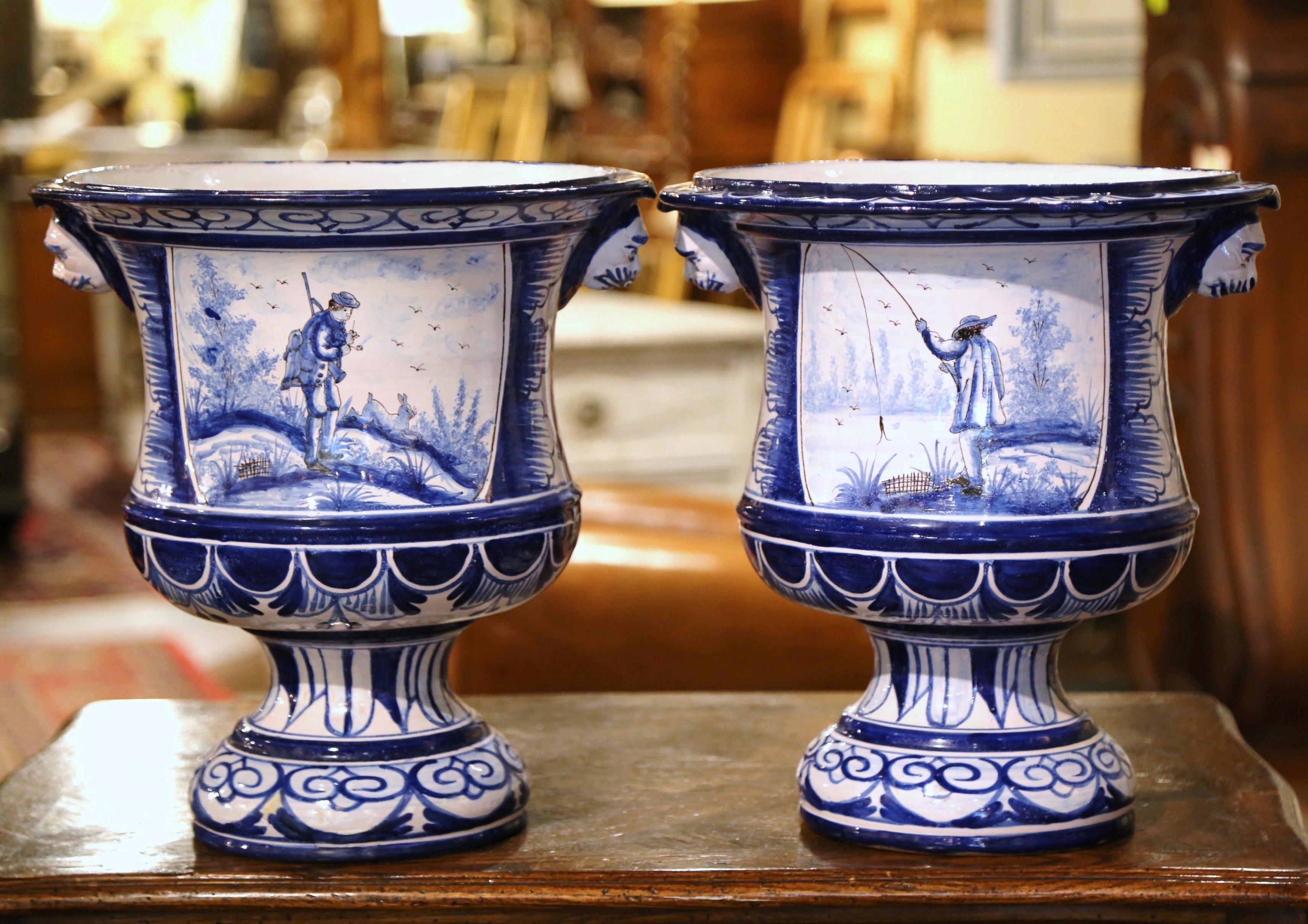 Pair of 19th Century French Hand-Painted Faience Planters from Nevers 1