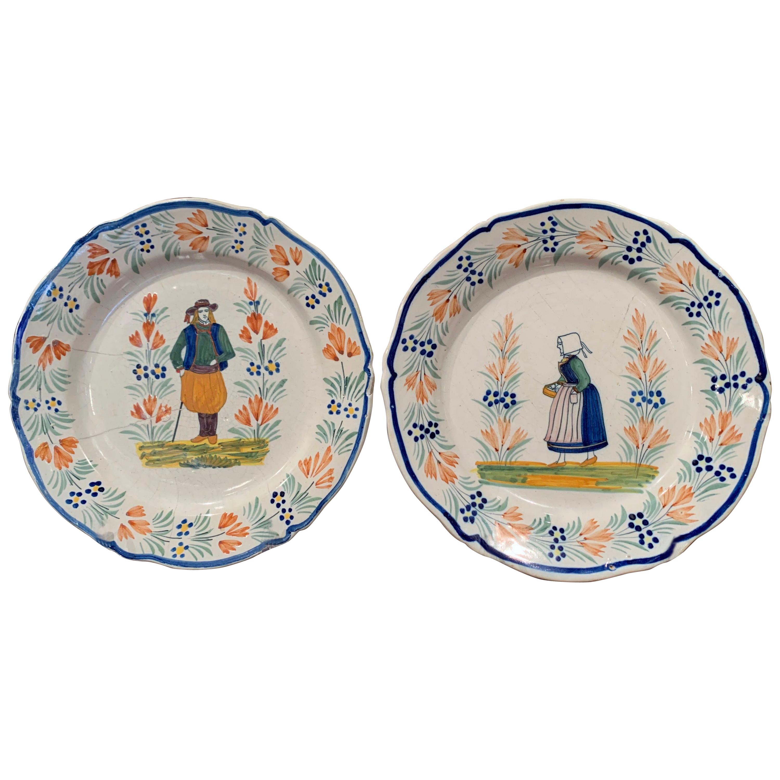 Pair of 19th Century French Hand Painted Faience Plates Signed Henriot Quimper
