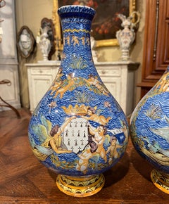 Pair of 19th Century French Hand Painted Faience Porquier-Beau Baluster Vases