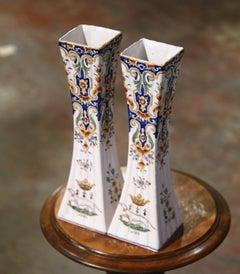 Pair of 19th Century French Hand Painted Faience Trumpet Vases from Normandy