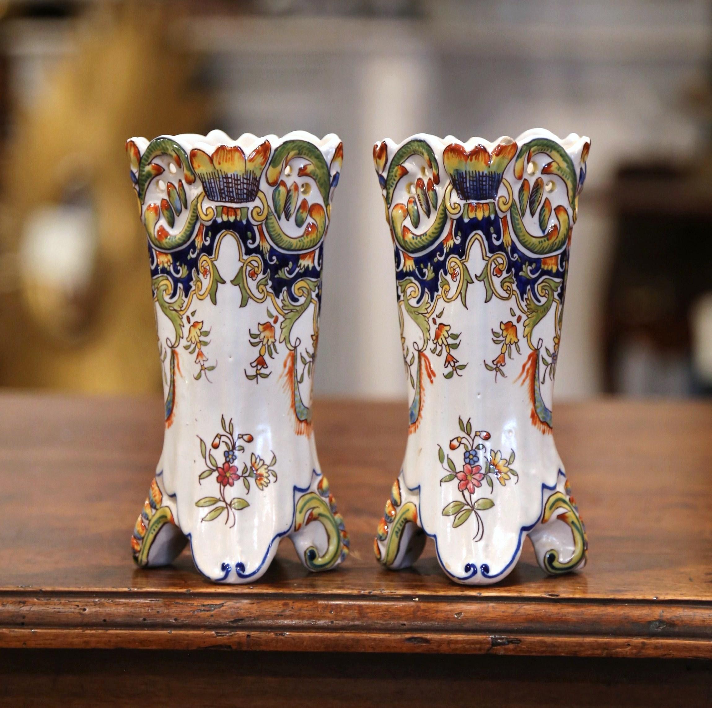 Hand-Painted Pair of 19th Century French Hand Painted Faience Trumpet Vases from Normandy