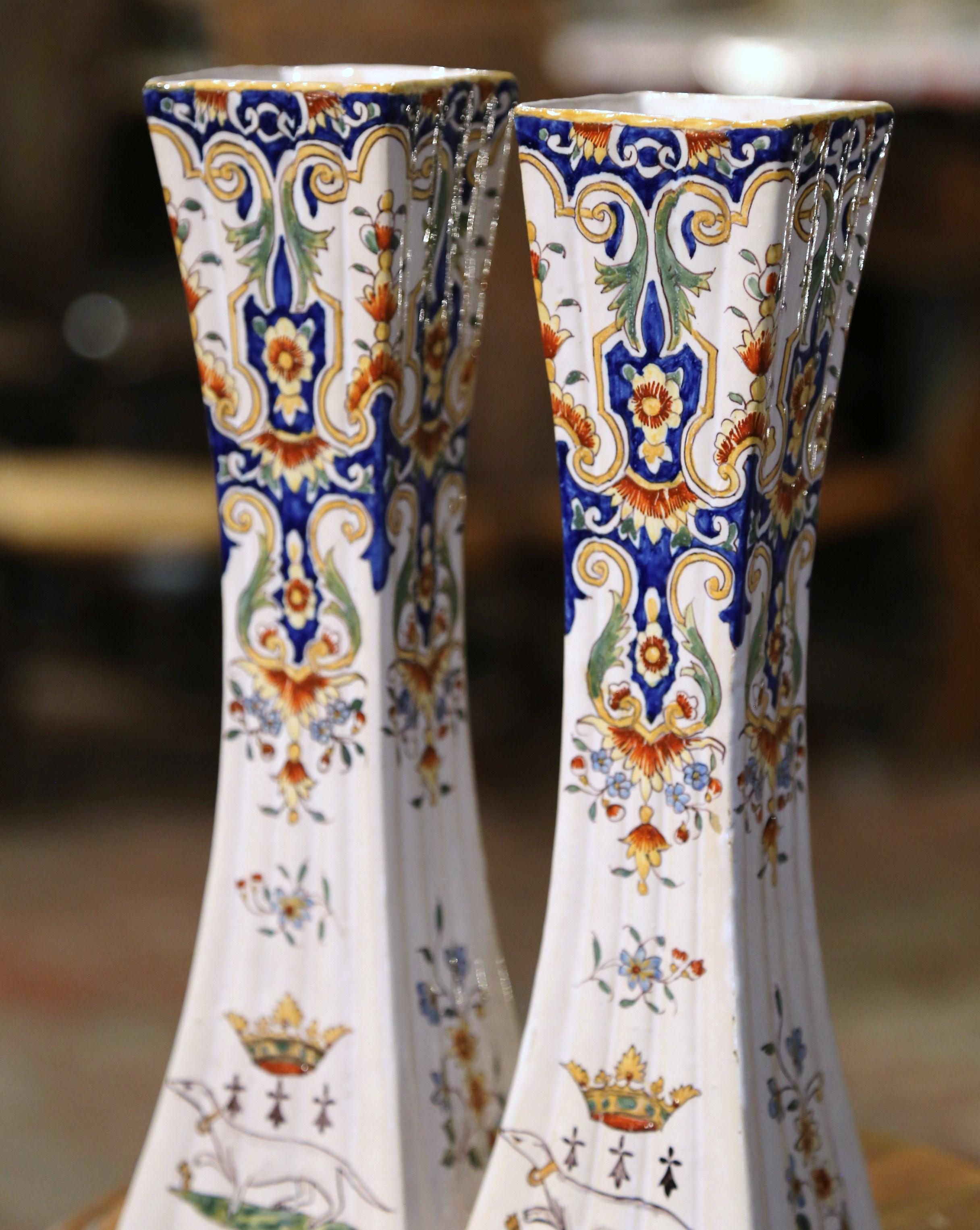 Hand-Painted Pair of 19th Century French Hand Painted Faience Trumpet Vases from Normandy For Sale