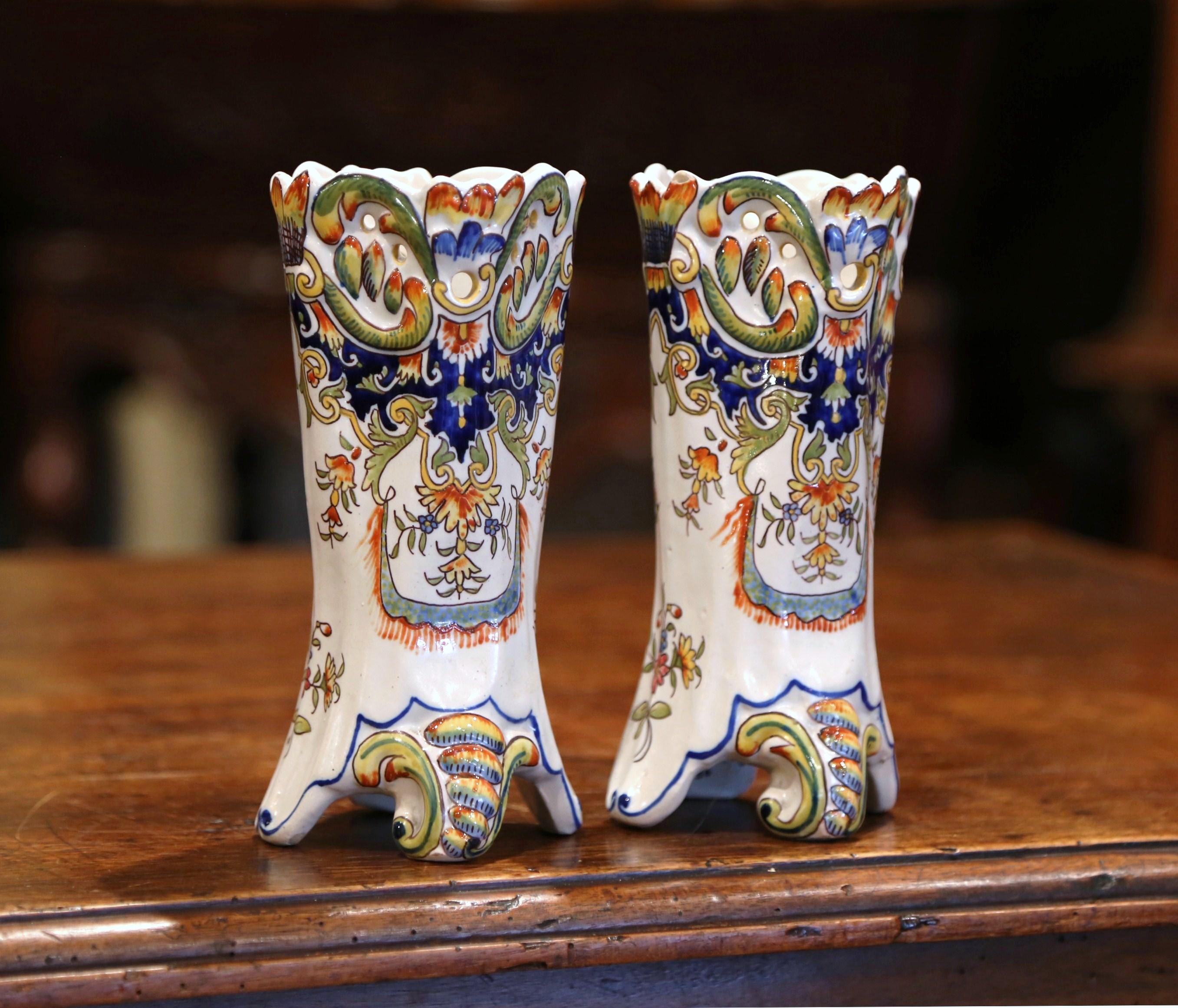 Pair of 19th Century French Hand Painted Faience Trumpet Vases from Normandy In Excellent Condition In Dallas, TX