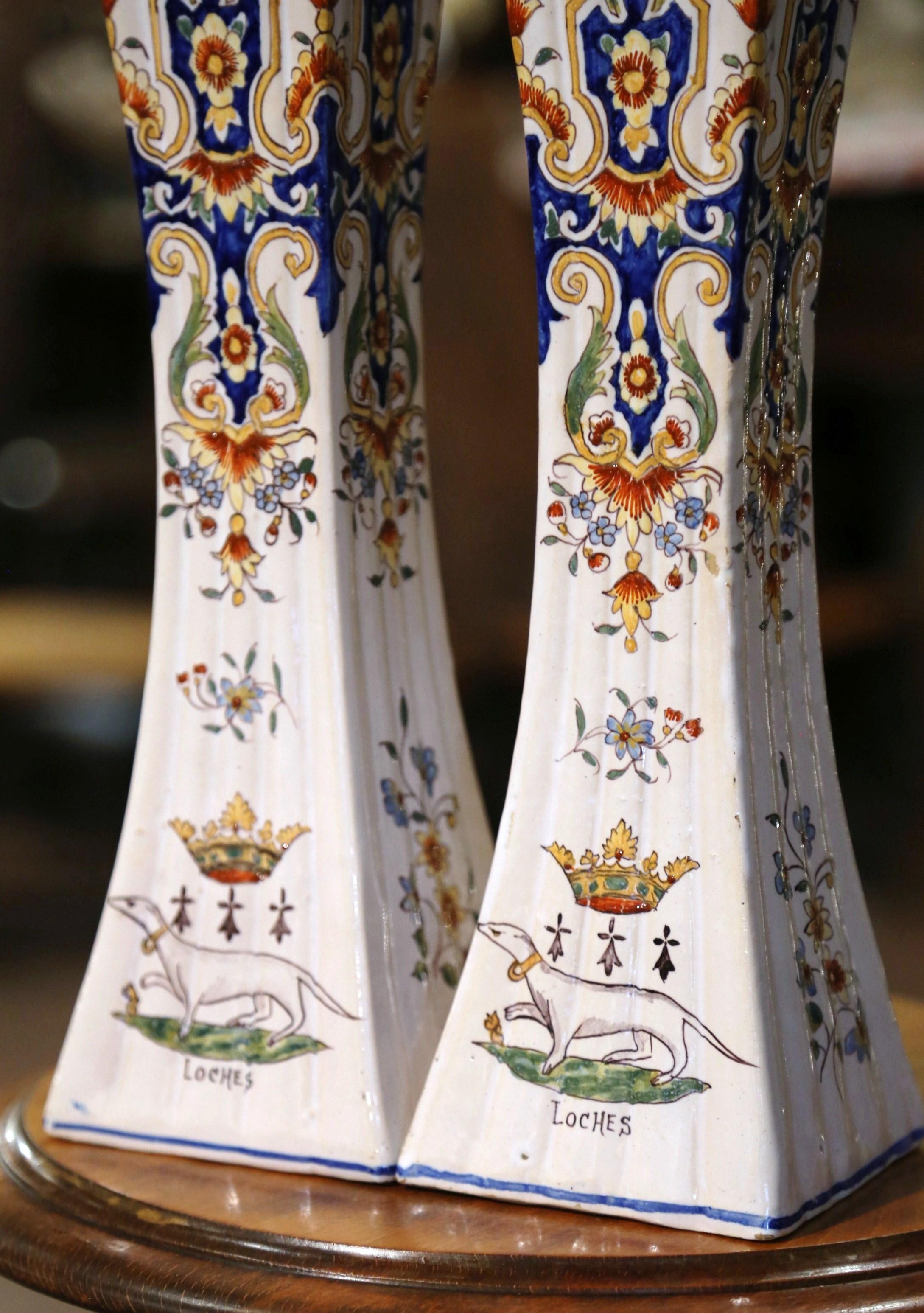Pair of 19th Century French Hand Painted Faience Trumpet Vases from Normandy In Excellent Condition For Sale In Dallas, TX