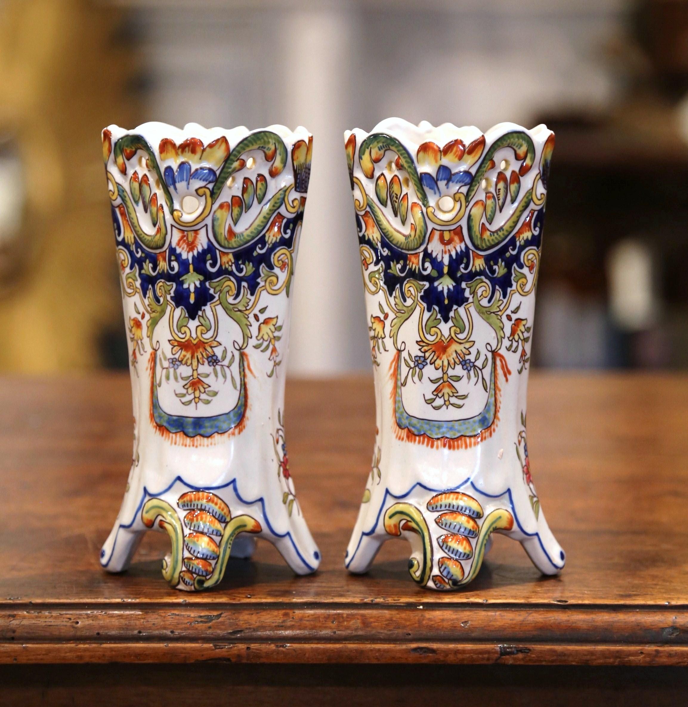 Ceramic Pair of 19th Century French Hand Painted Faience Trumpet Vases from Normandy