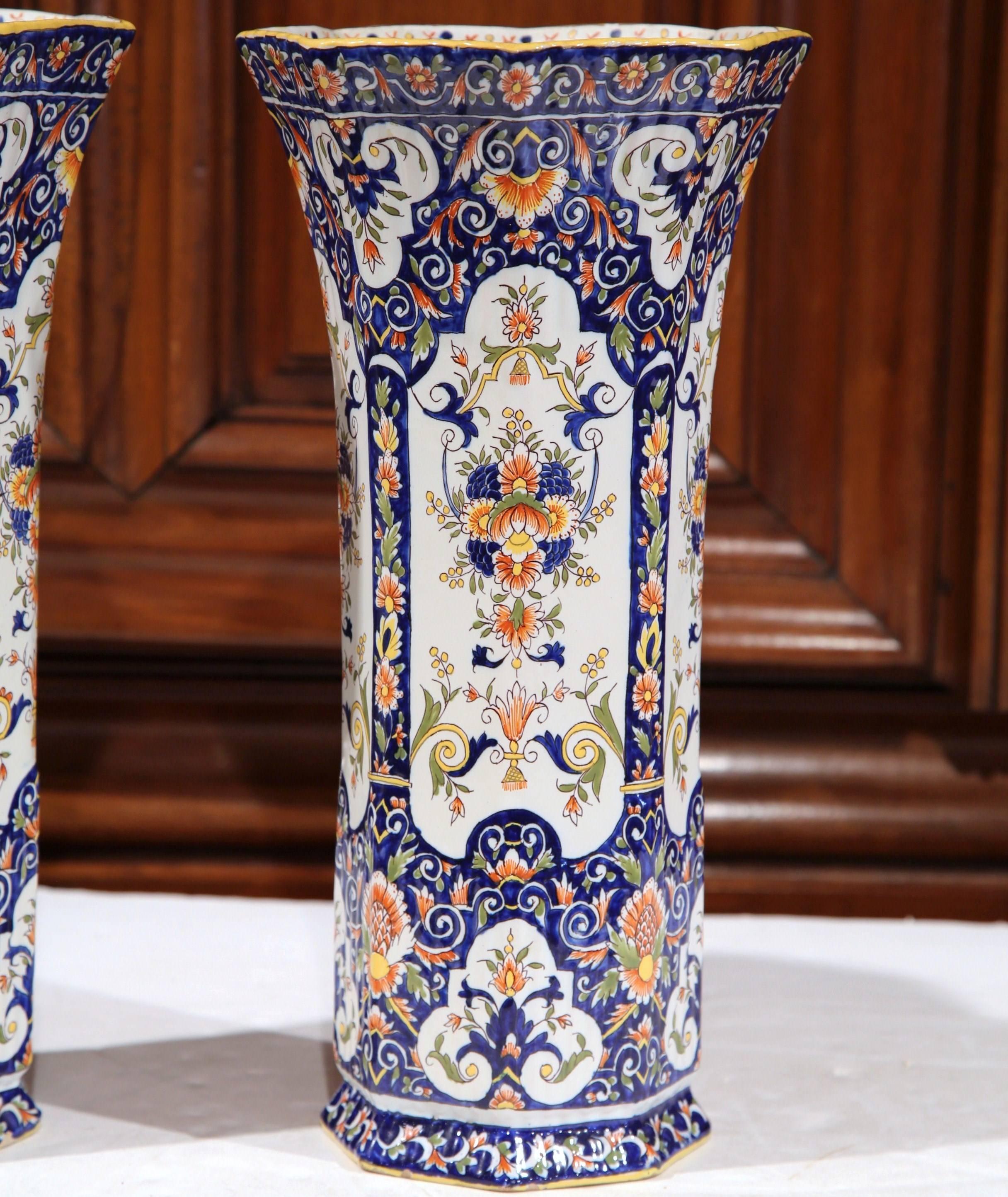 Ceramic Pair of 19th Century French Hand Painted Faience Trumpet Vases from Normandy