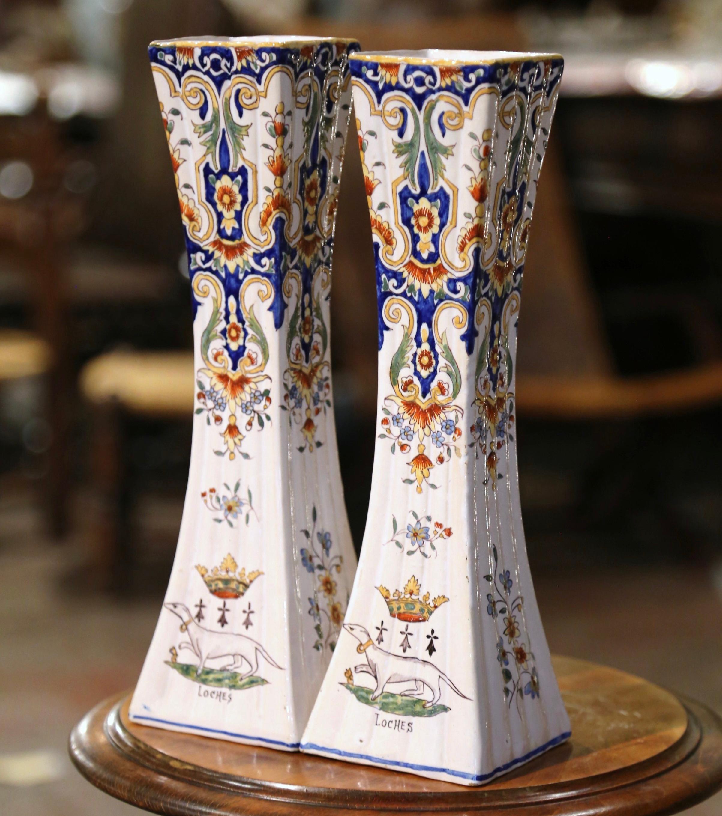 Ceramic Pair of 19th Century French Hand Painted Faience Trumpet Vases from Normandy For Sale