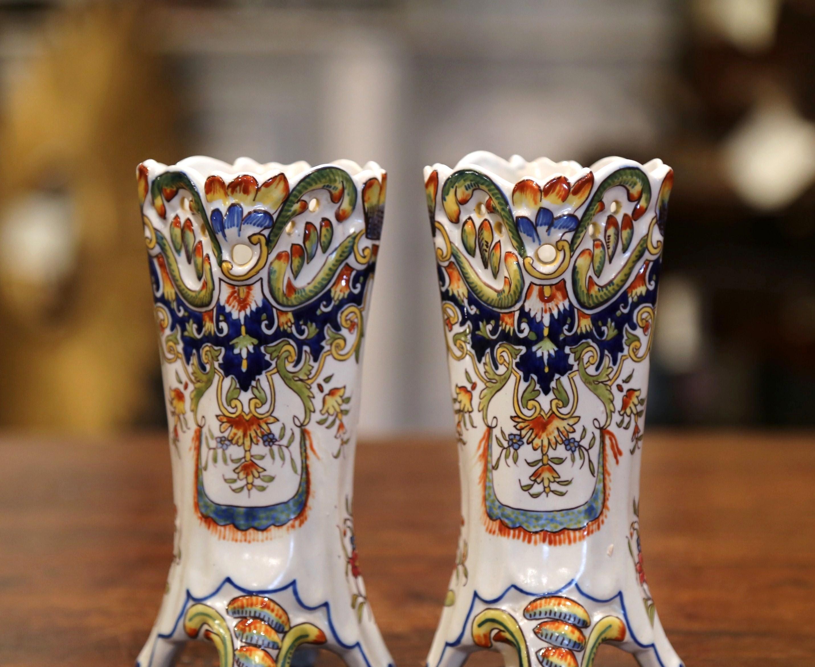 Pair of 19th Century French Hand Painted Faience Trumpet Vases from Normandy 1