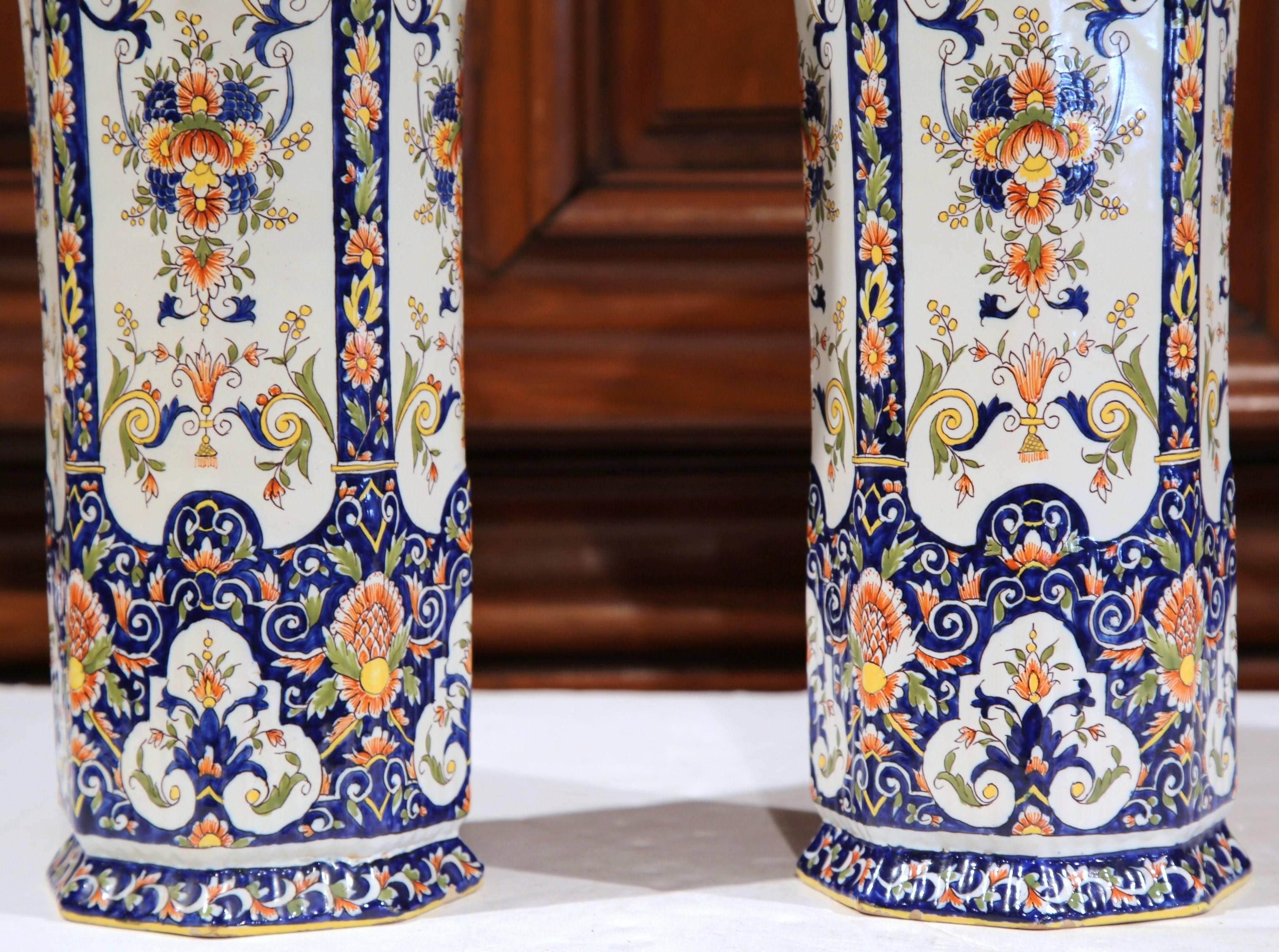 Pair of 19th Century French Hand Painted Faience Trumpet Vases from Normandy 1