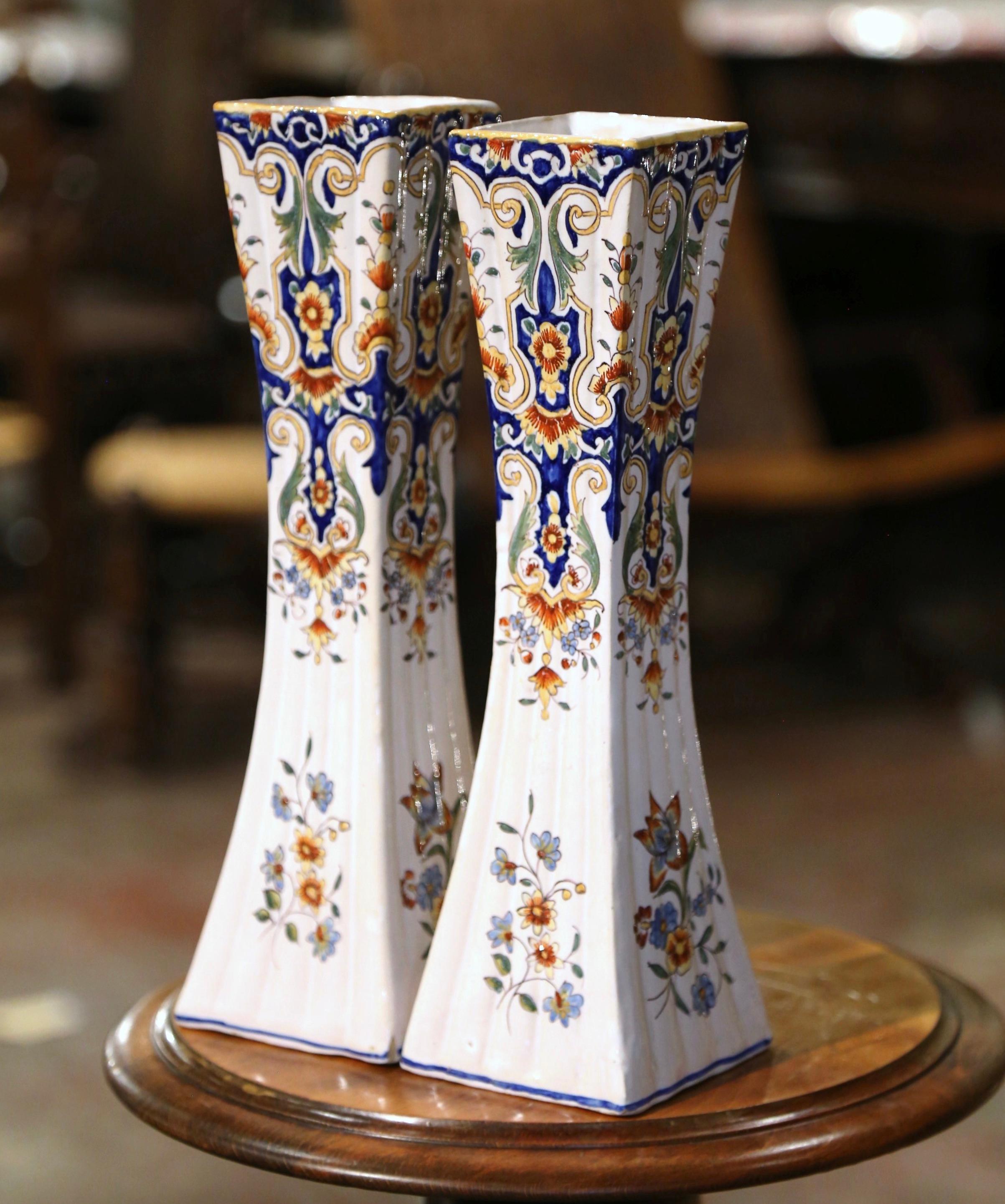 Pair of 19th Century French Hand Painted Faience Trumpet Vases from Normandy For Sale 1