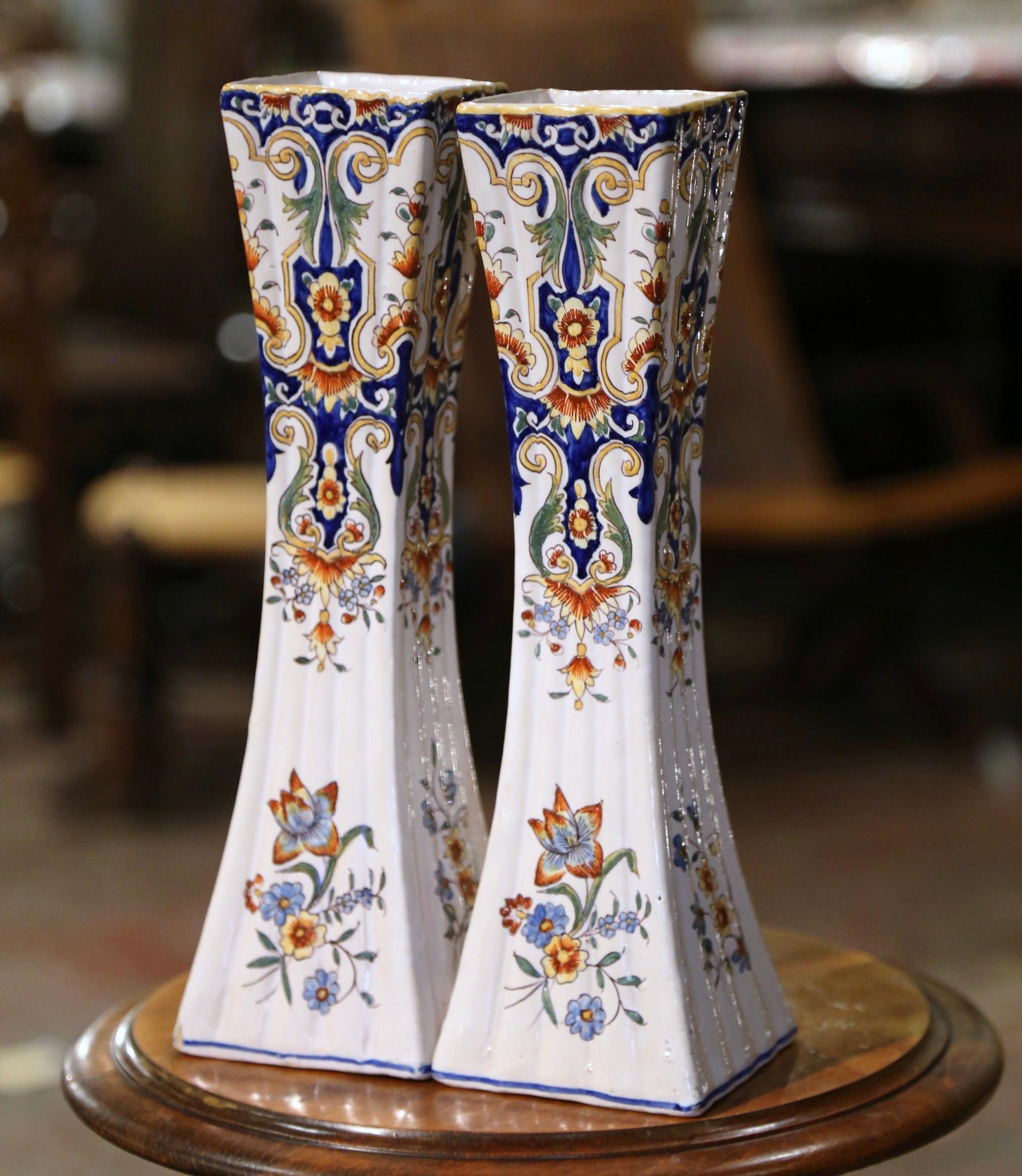 Pair of 19th Century French Hand Painted Faience Trumpet Vases from Normandy For Sale 2