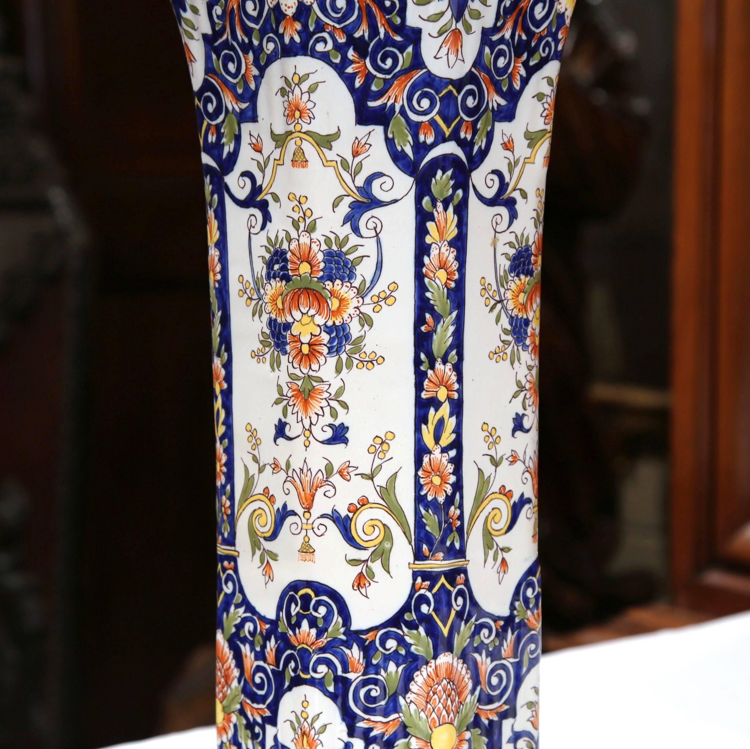 Pair of 19th Century French Hand Painted Faience Trumpet Vases from Normandy 3