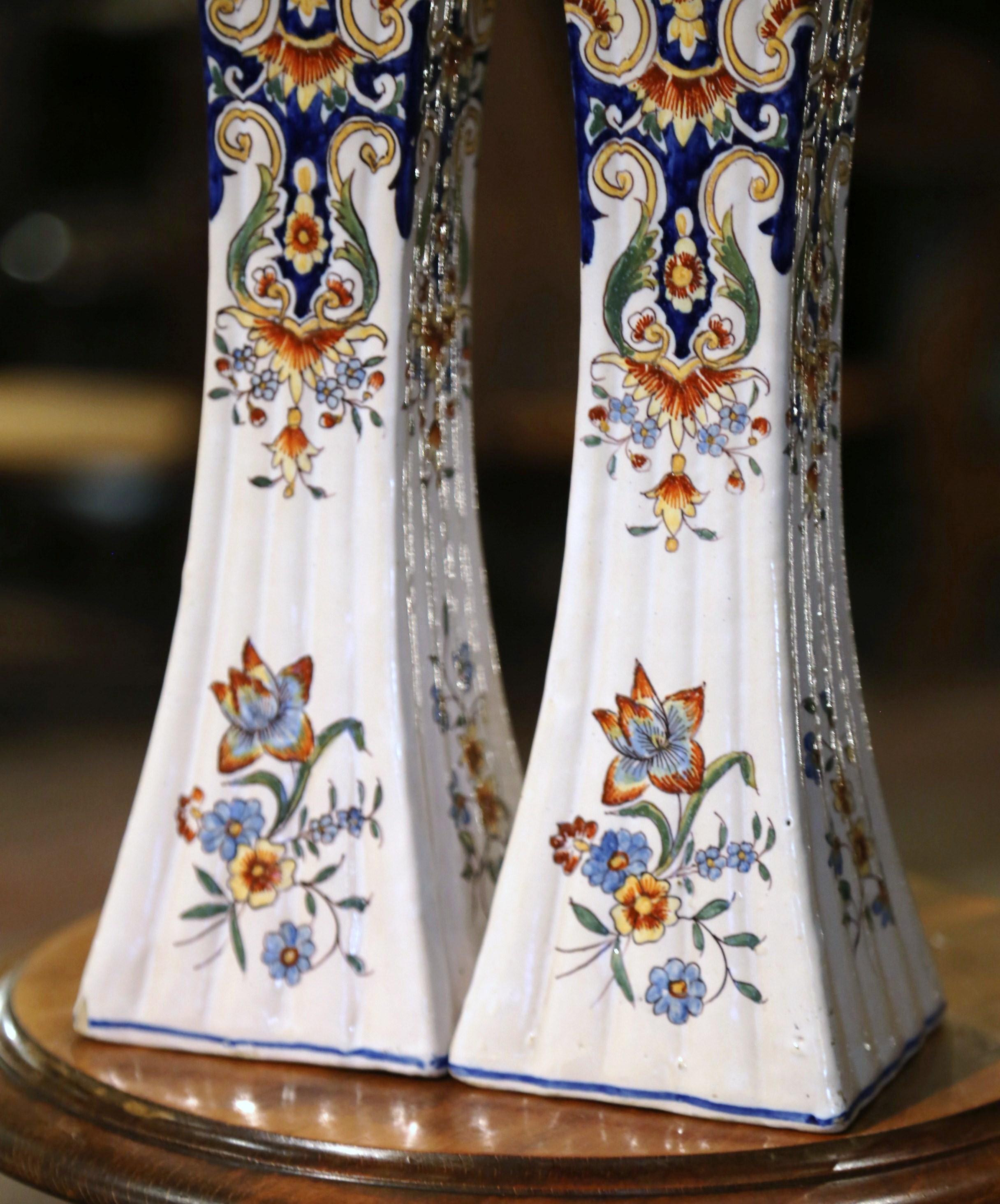 Pair of 19th Century French Hand Painted Faience Trumpet Vases from Normandy For Sale 3