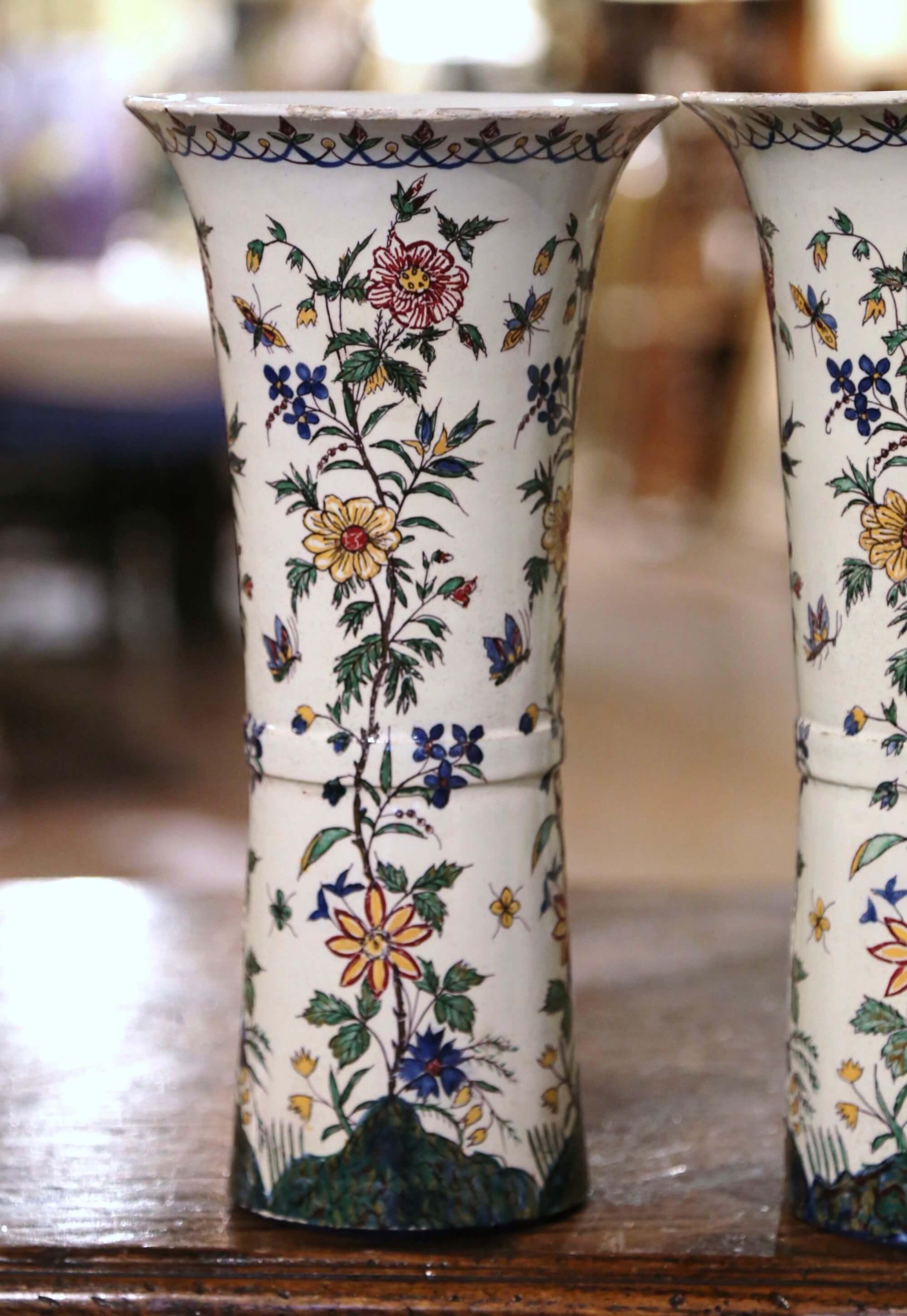 Hand-Crafted Pair of 19th Century French Hand Painted Faience Trumpet Vases from Provence For Sale