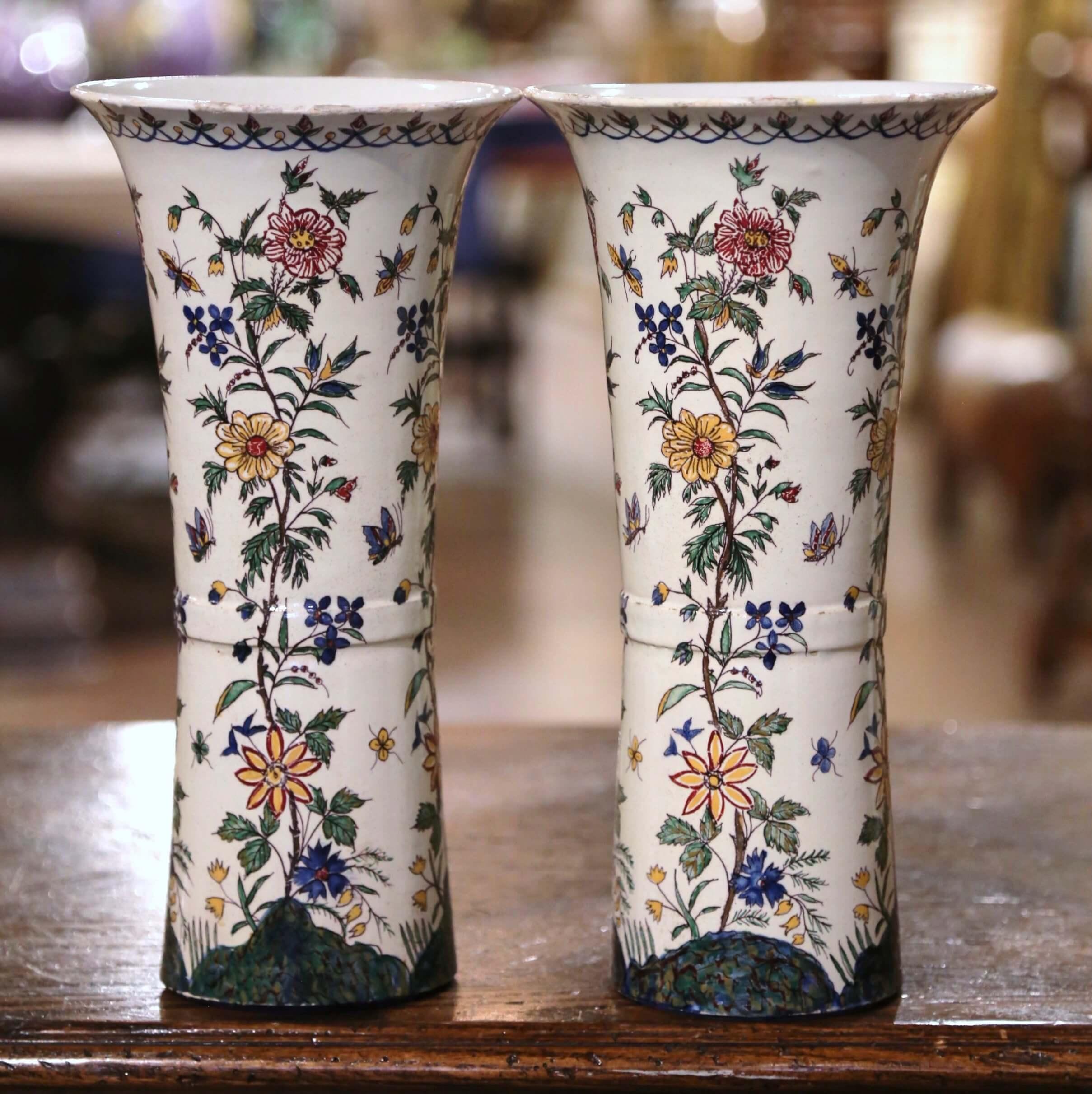 Ceramic Pair of 19th Century French Hand Painted Faience Trumpet Vases from Provence For Sale