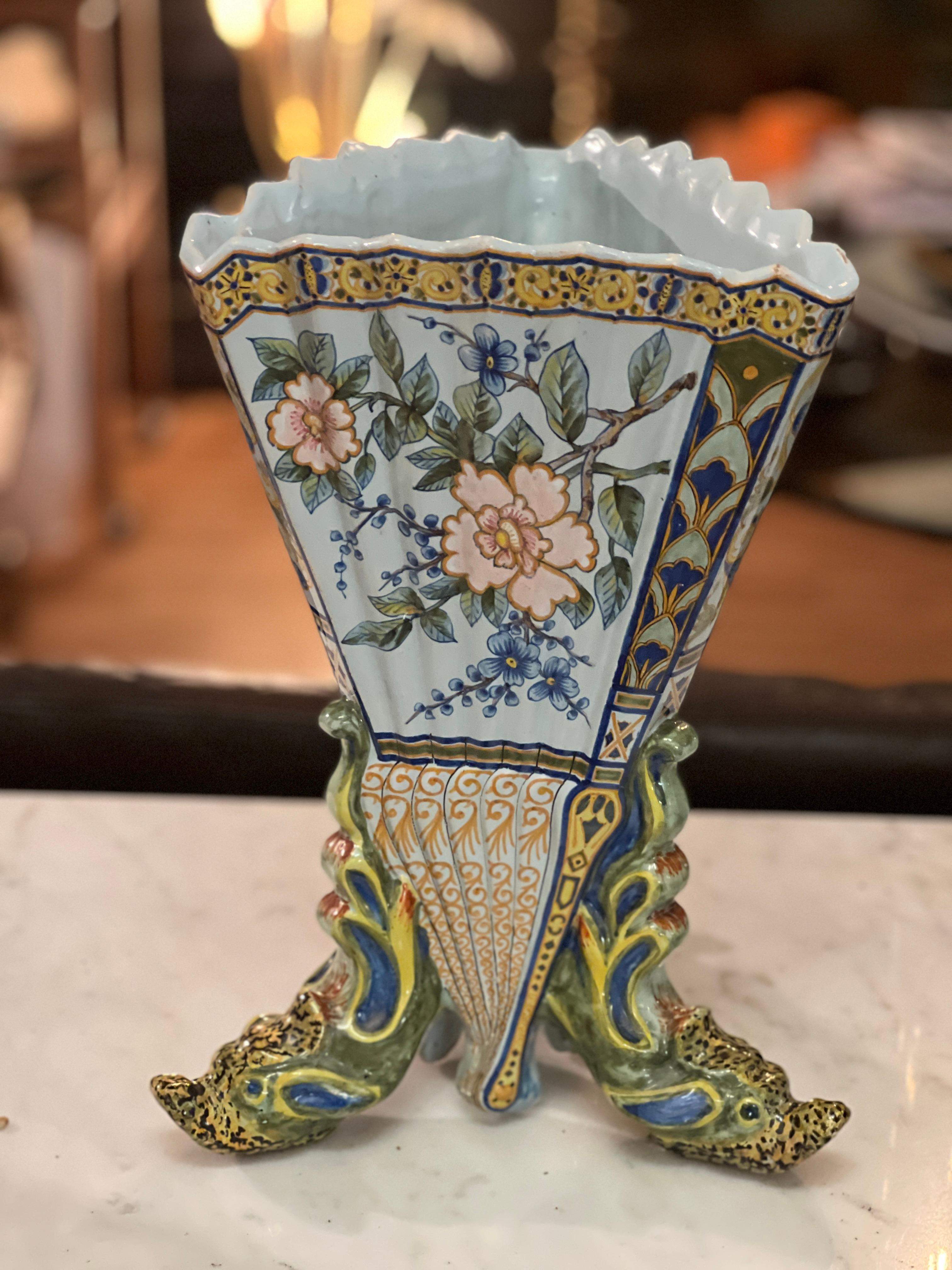 Pair of 19th Century French Hand Painted Faience Vase by Porquier Beau Quimper For Sale 5