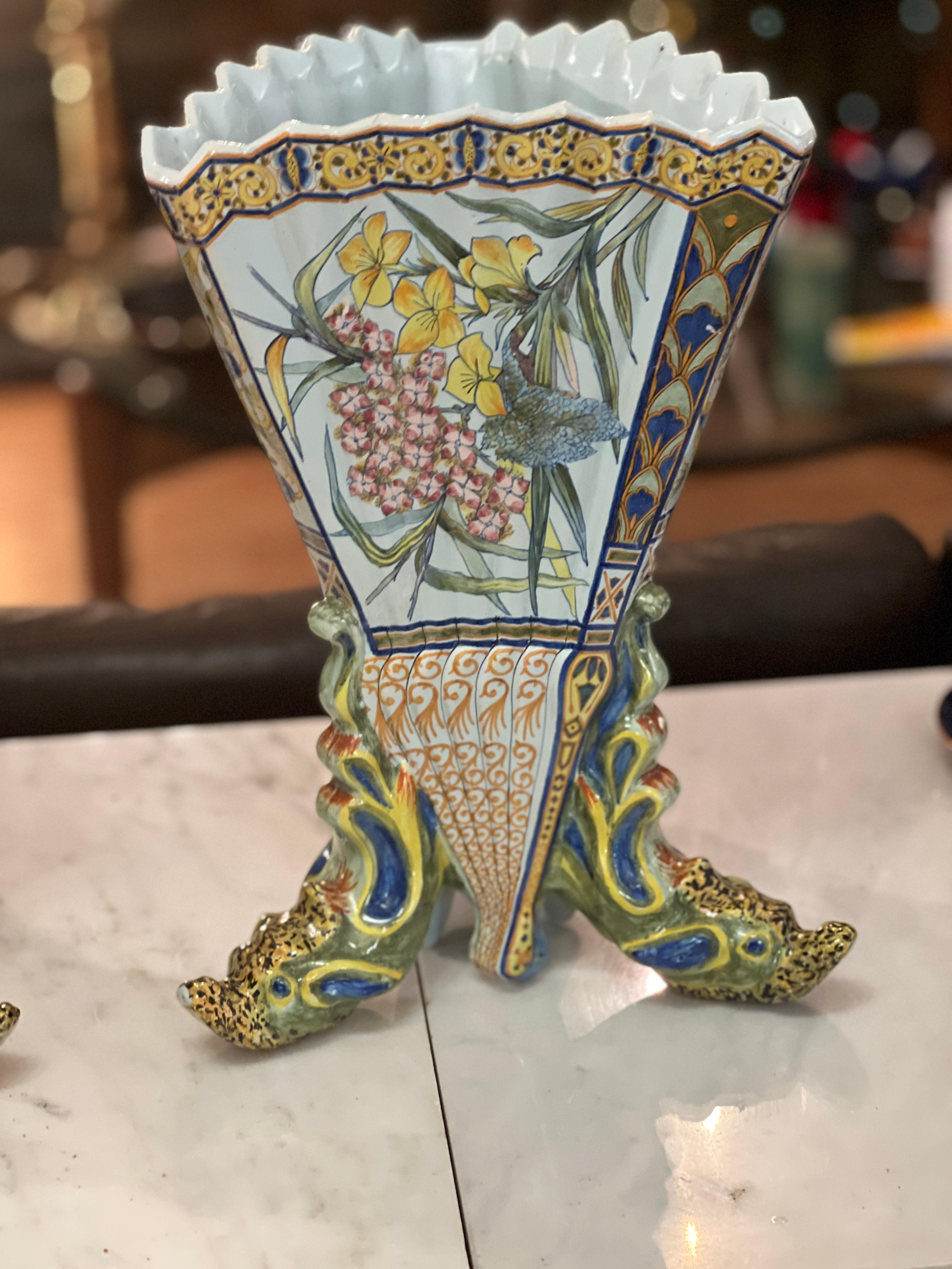 Pair of 19th Century French Hand Painted Faience Vase by Porquier Beau Quimper For Sale 6