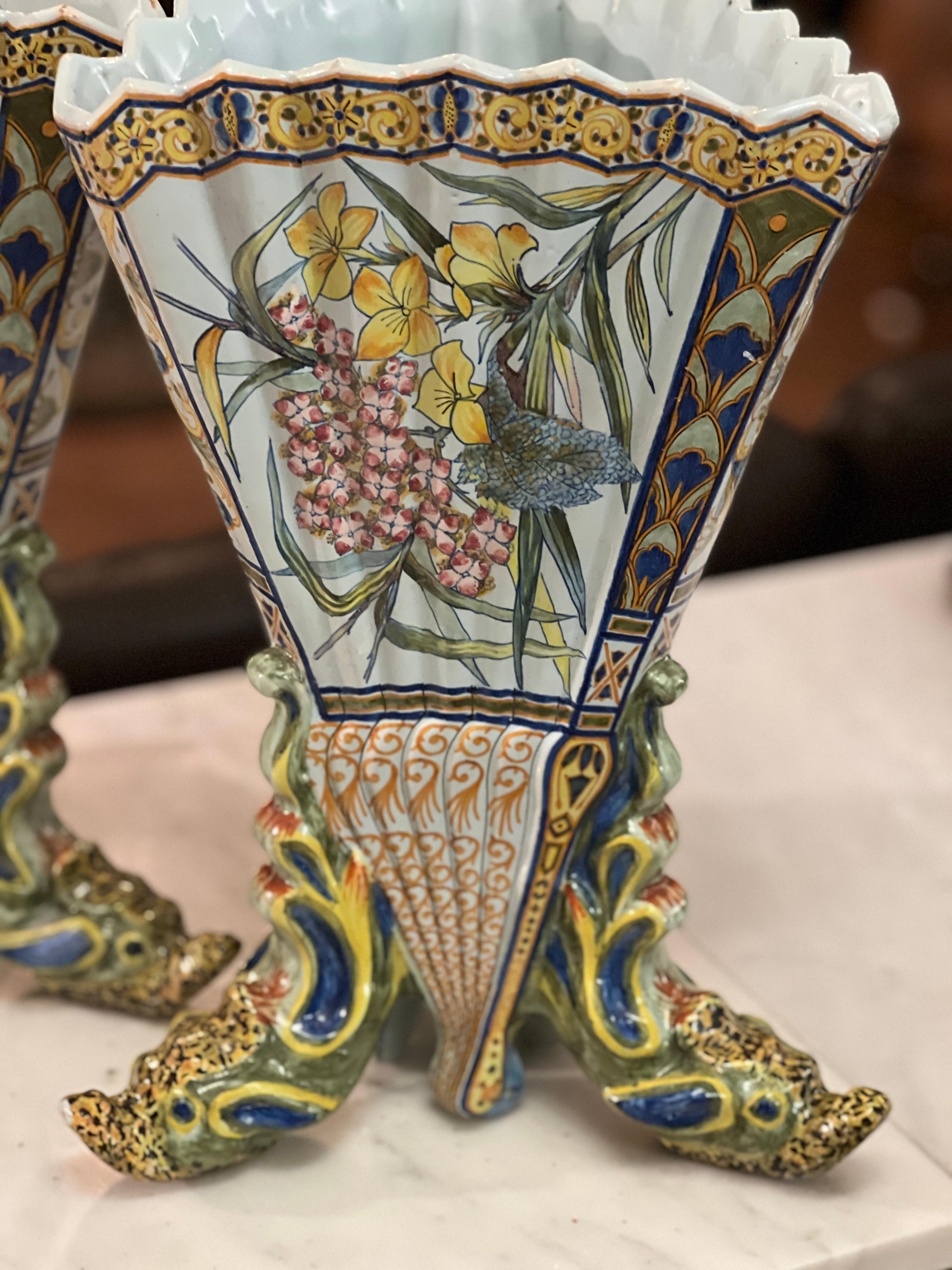 Pair of 19th Century French Hand Painted Faience Vase by Porquier Beau Quimper For Sale 7