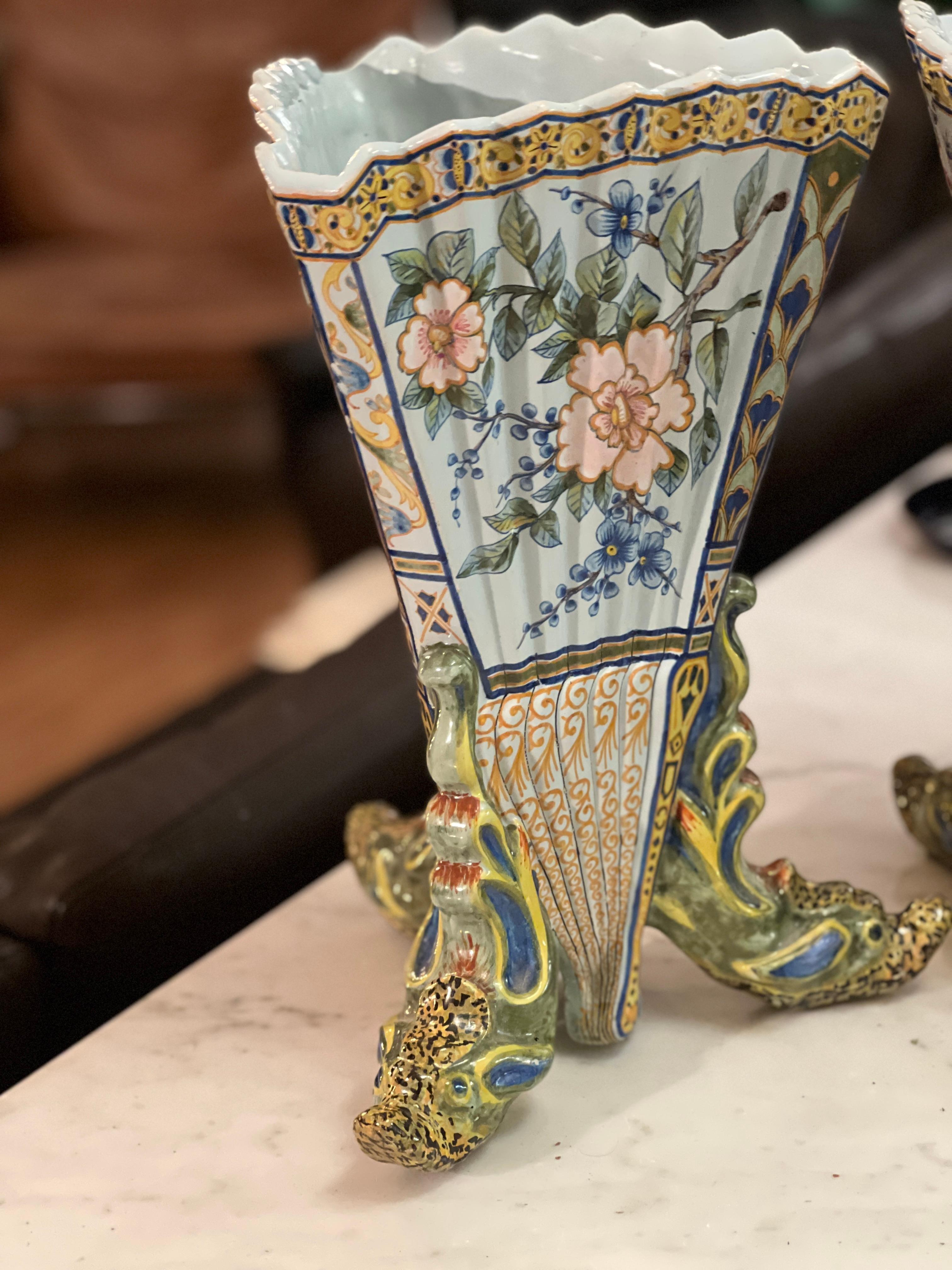 Pair of 19th Century French Hand Painted Faience Vase by Porquier Beau Quimper For Sale 8