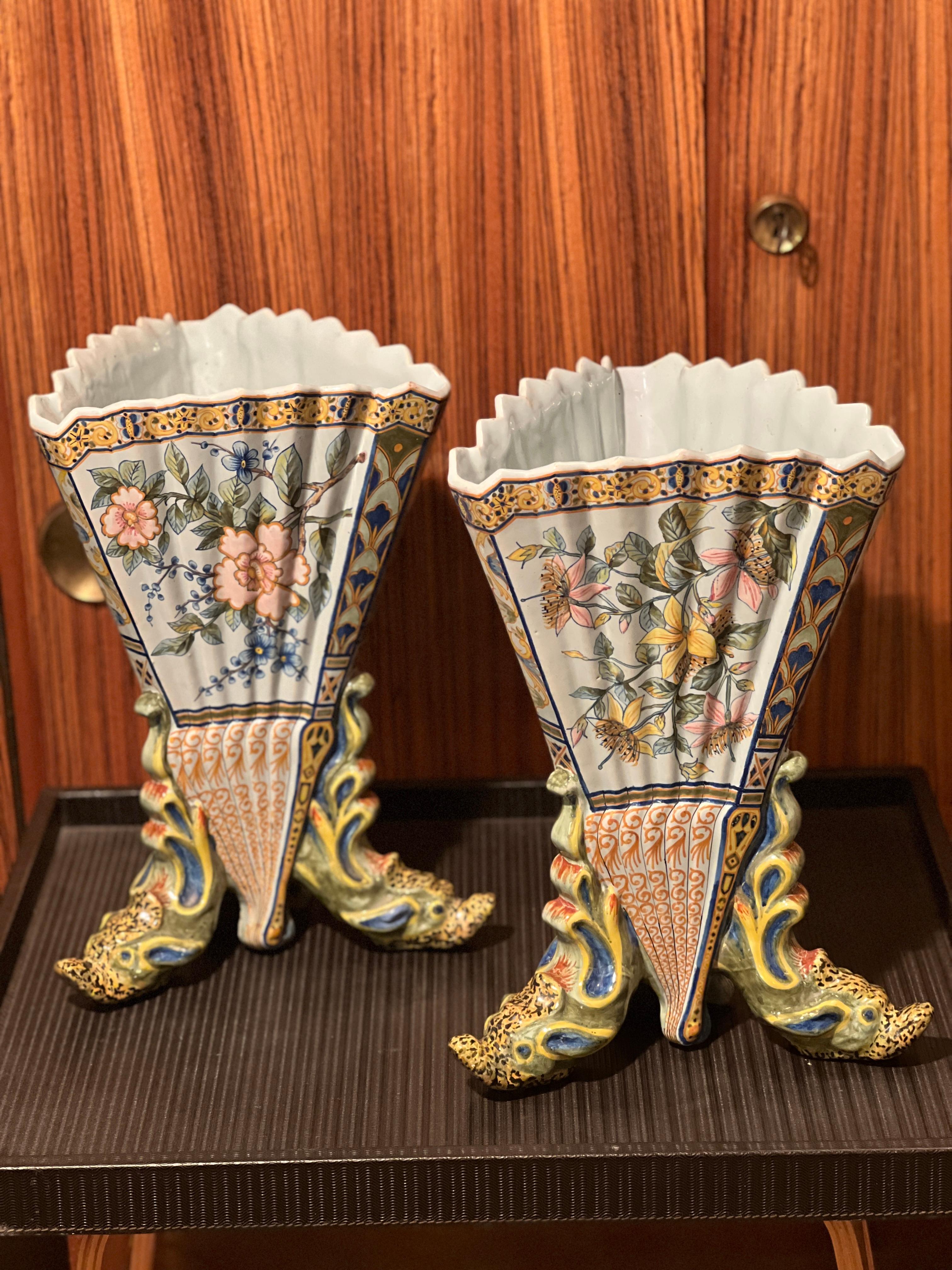 Belle Époque Pair of 19th Century French Hand Painted Faience Vase by Porquier Beau Quimper For Sale
