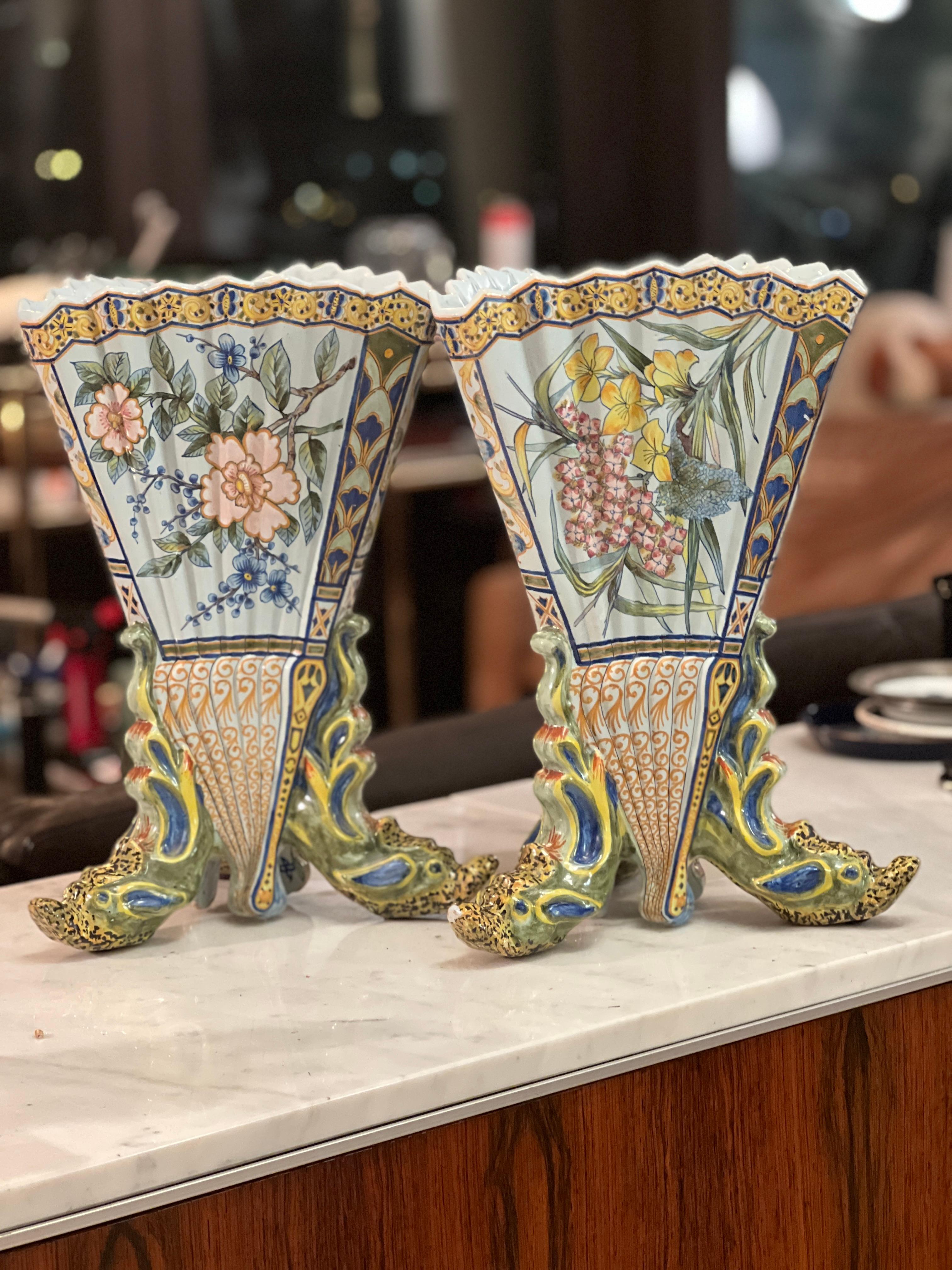 Hand-Painted Pair of 19th Century French Hand Painted Faience Vase by Porquier Beau Quimper For Sale