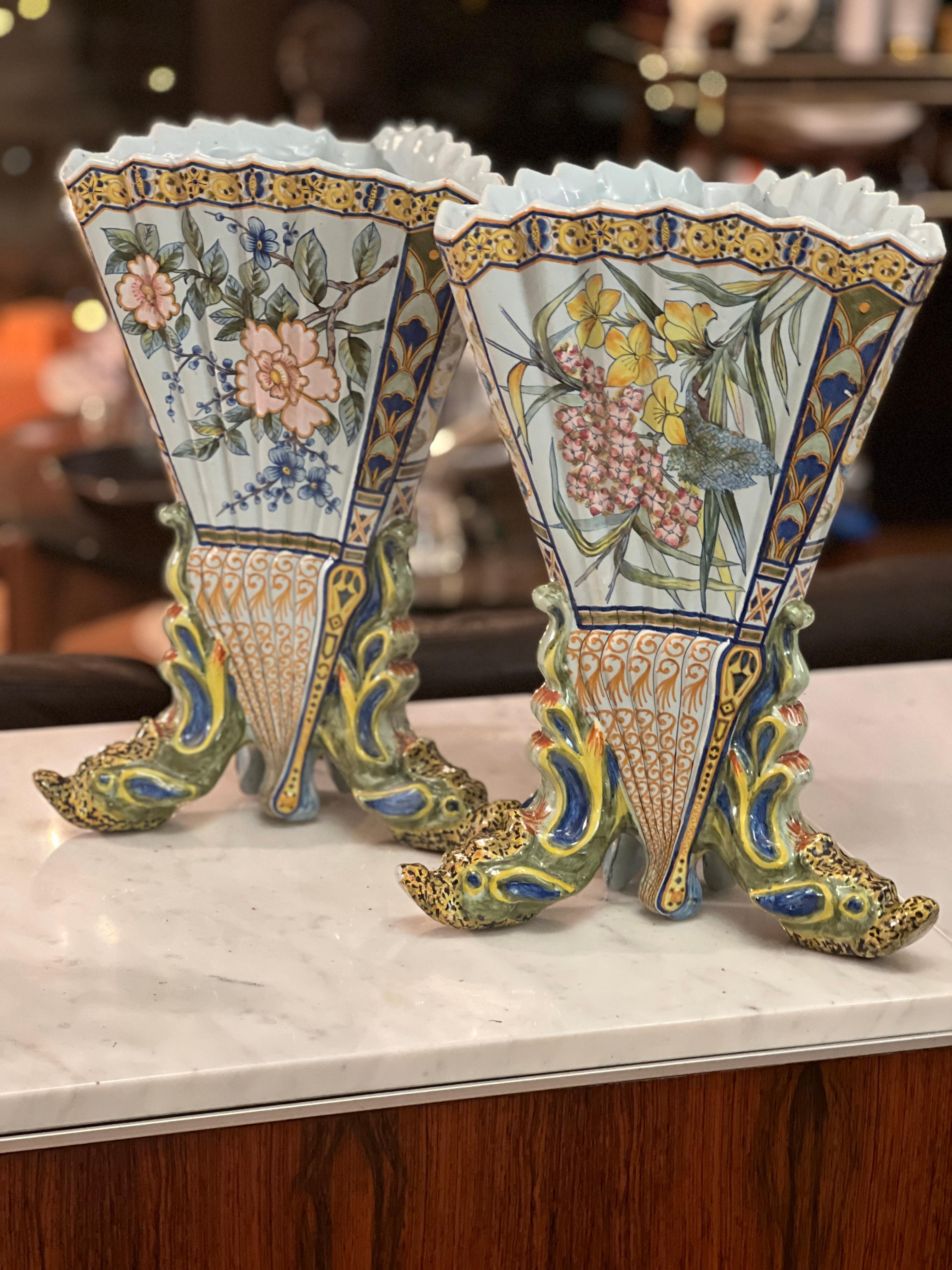 Pair of 19th Century French Hand Painted Faience Vase by Porquier Beau Quimper In Good Condition For Sale In Basel, BS