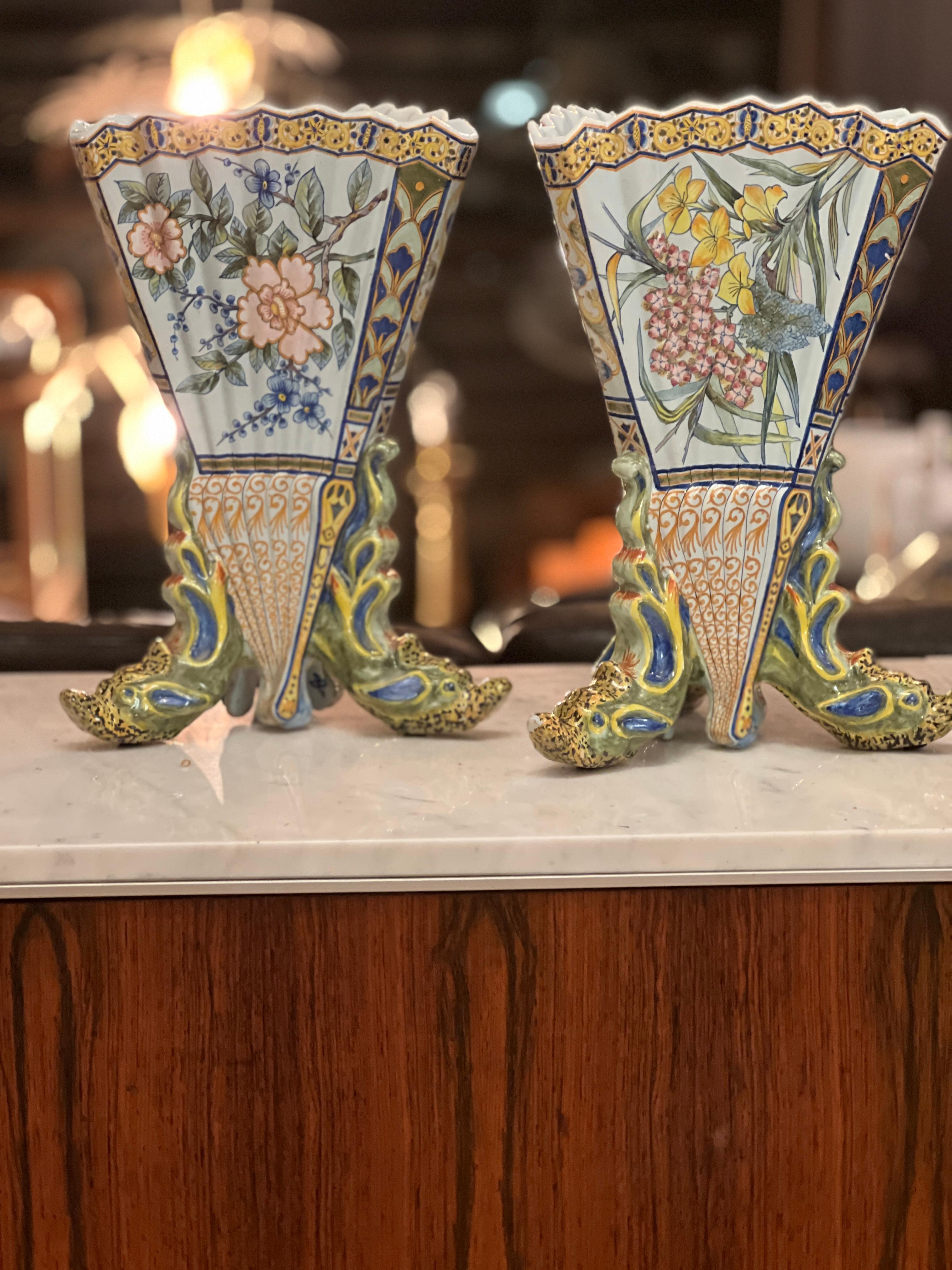Pair of 19th Century French Hand Painted Faience Vase by Porquier Beau Quimper For Sale 1