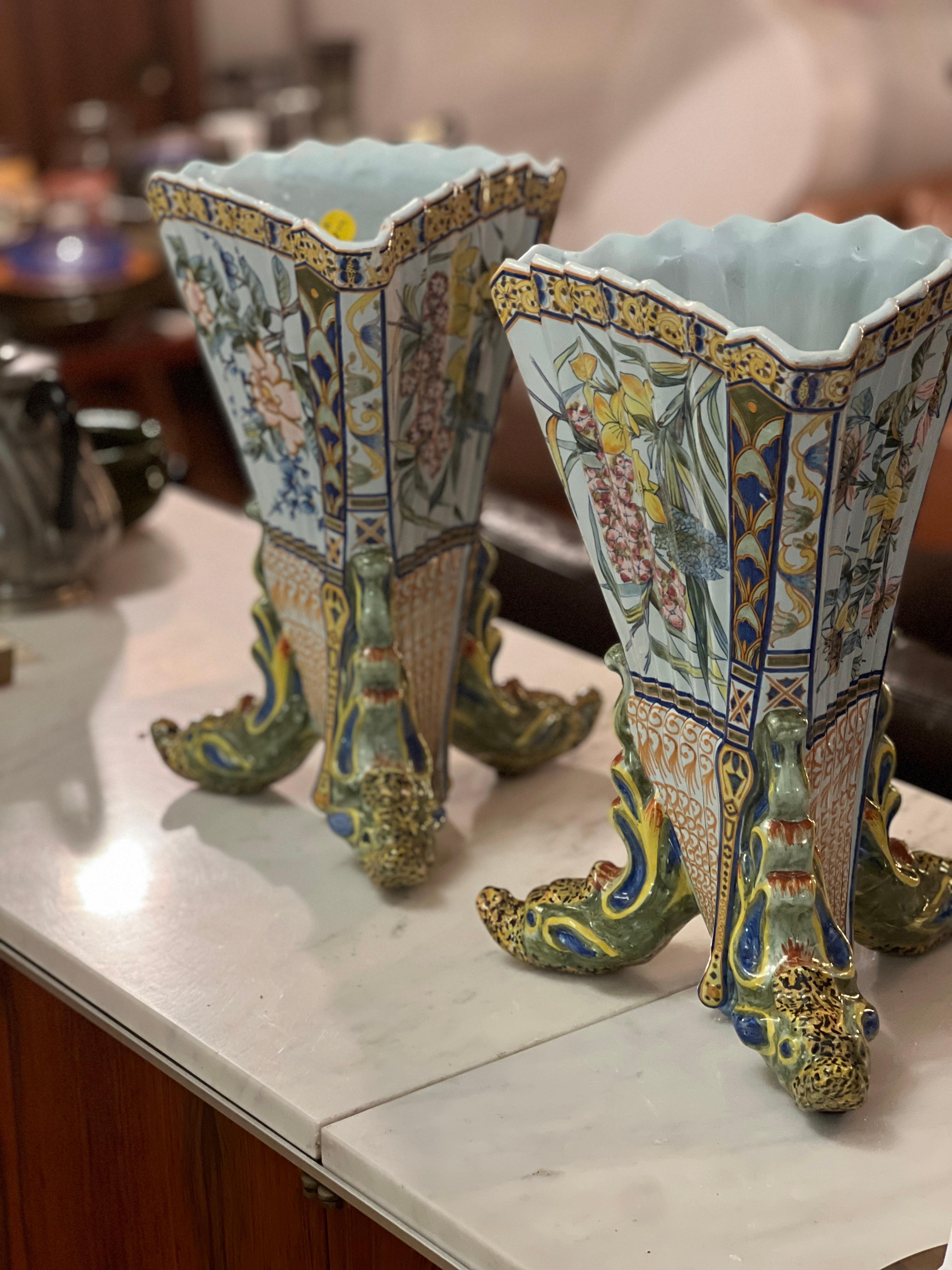 Pair of 19th Century French Hand Painted Faience Vase by Porquier Beau Quimper For Sale 2