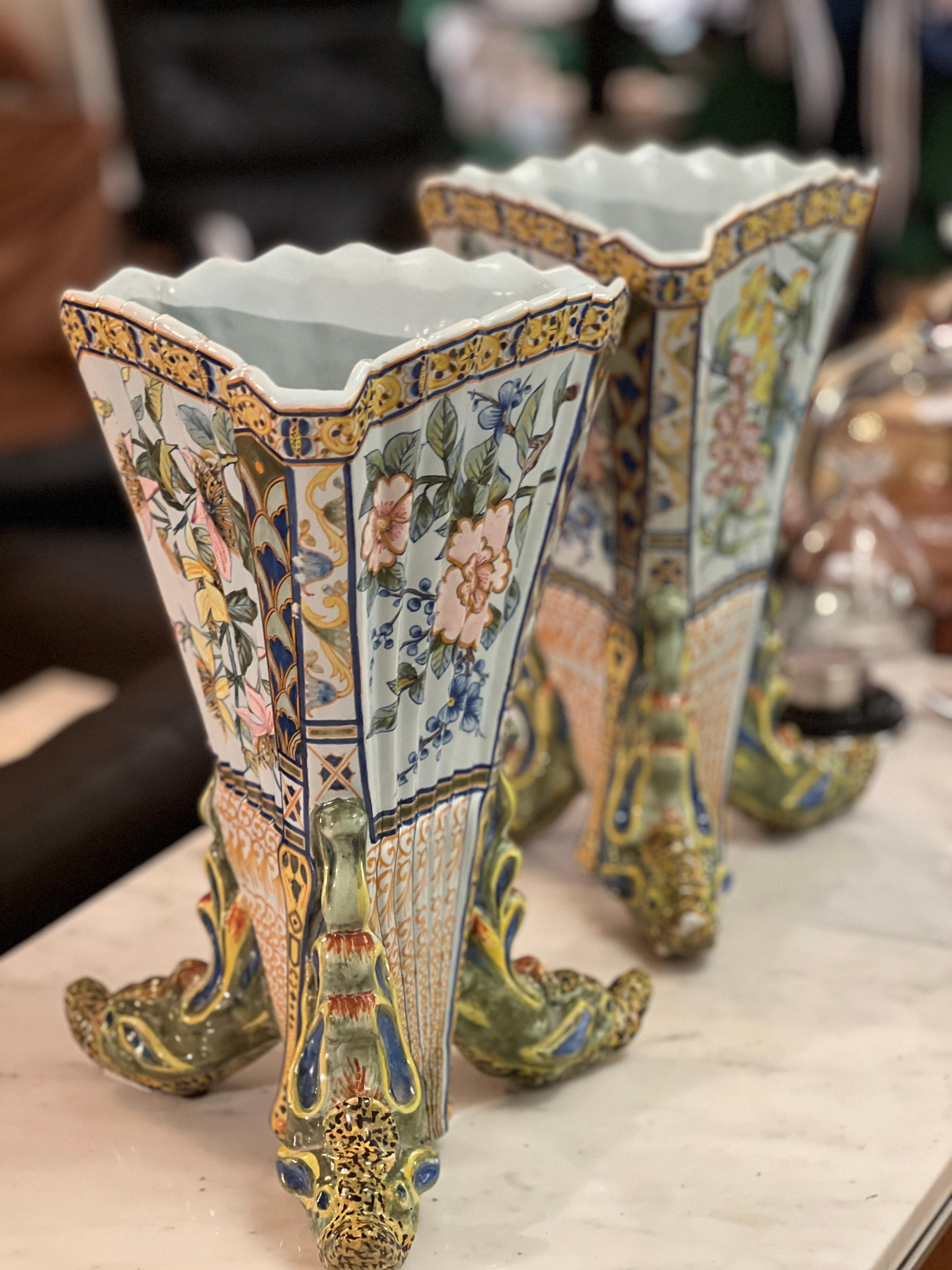 Pair of 19th Century French Hand Painted Faience Vase by Porquier Beau Quimper For Sale 3