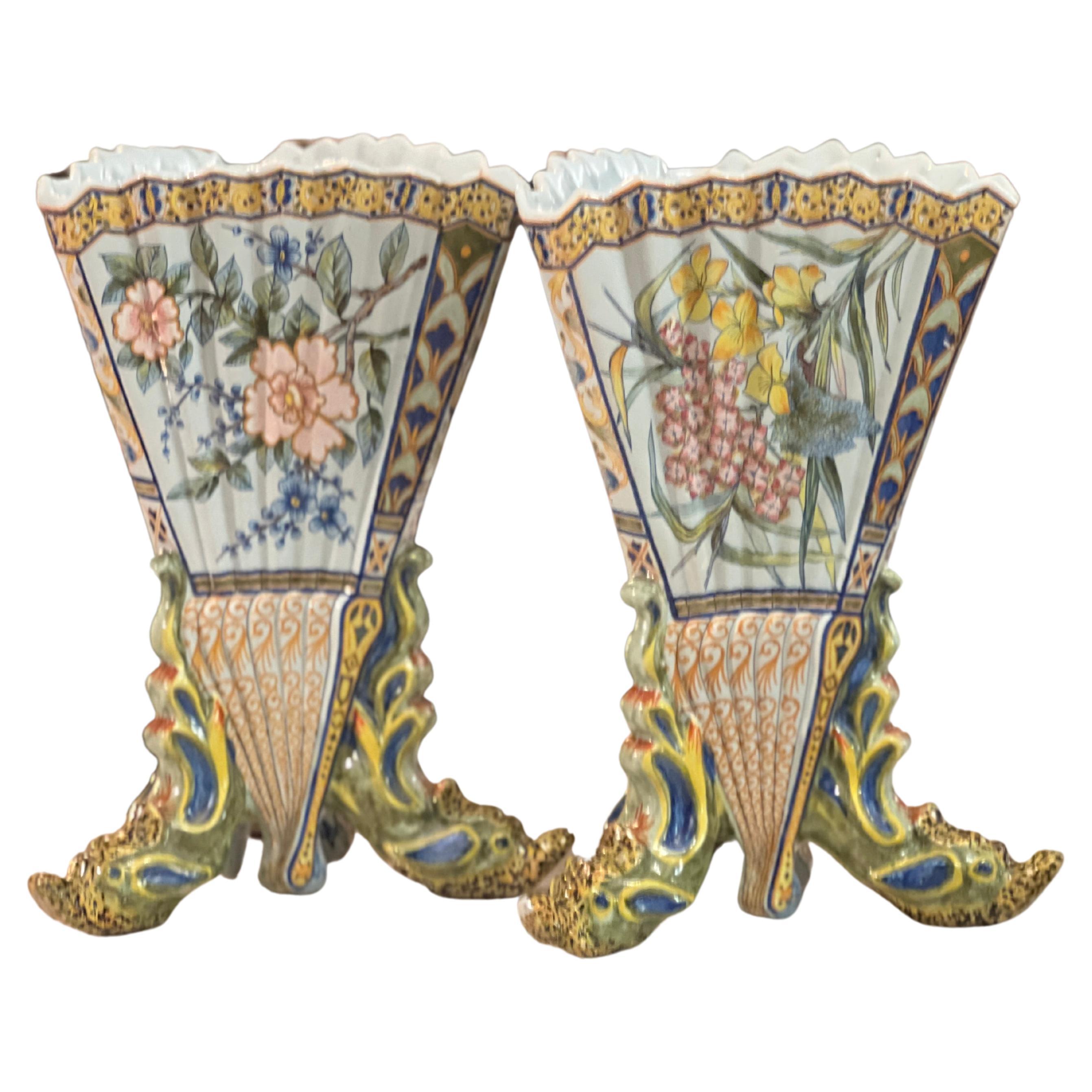 Pair of 19th Century French Hand Painted Faience Vase by Porquier Beau Quimper For Sale