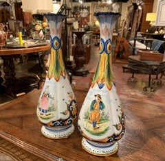 Pair of 19th Century French Hand Painted Faience Vases from Brittany