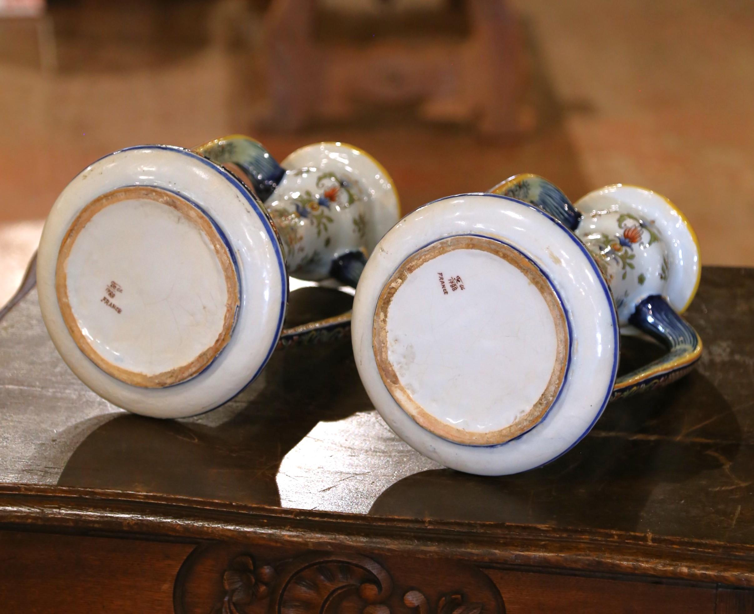 Pair of 19th Century French Hand Painted Faience Vases from Rouen For Sale 5